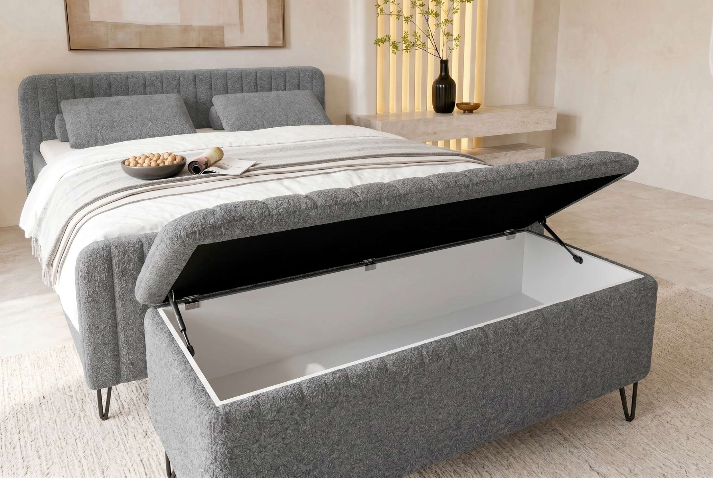 Boxspringbett Aurelio mit Hocker Grau