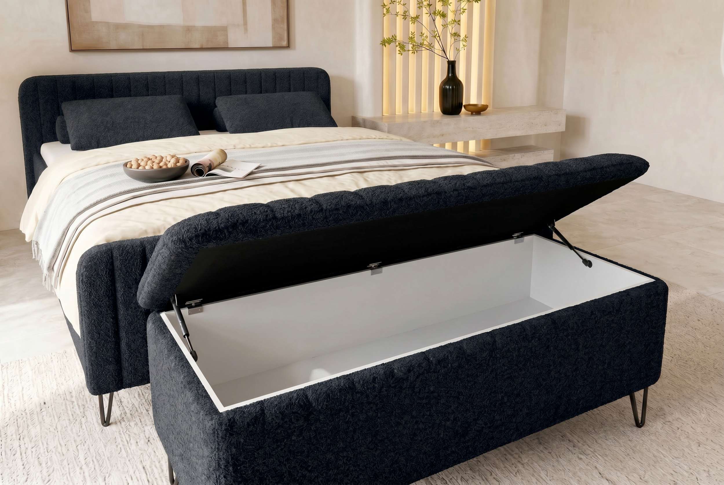 Boxspringbett Aurelio mit Hocker Schwarz