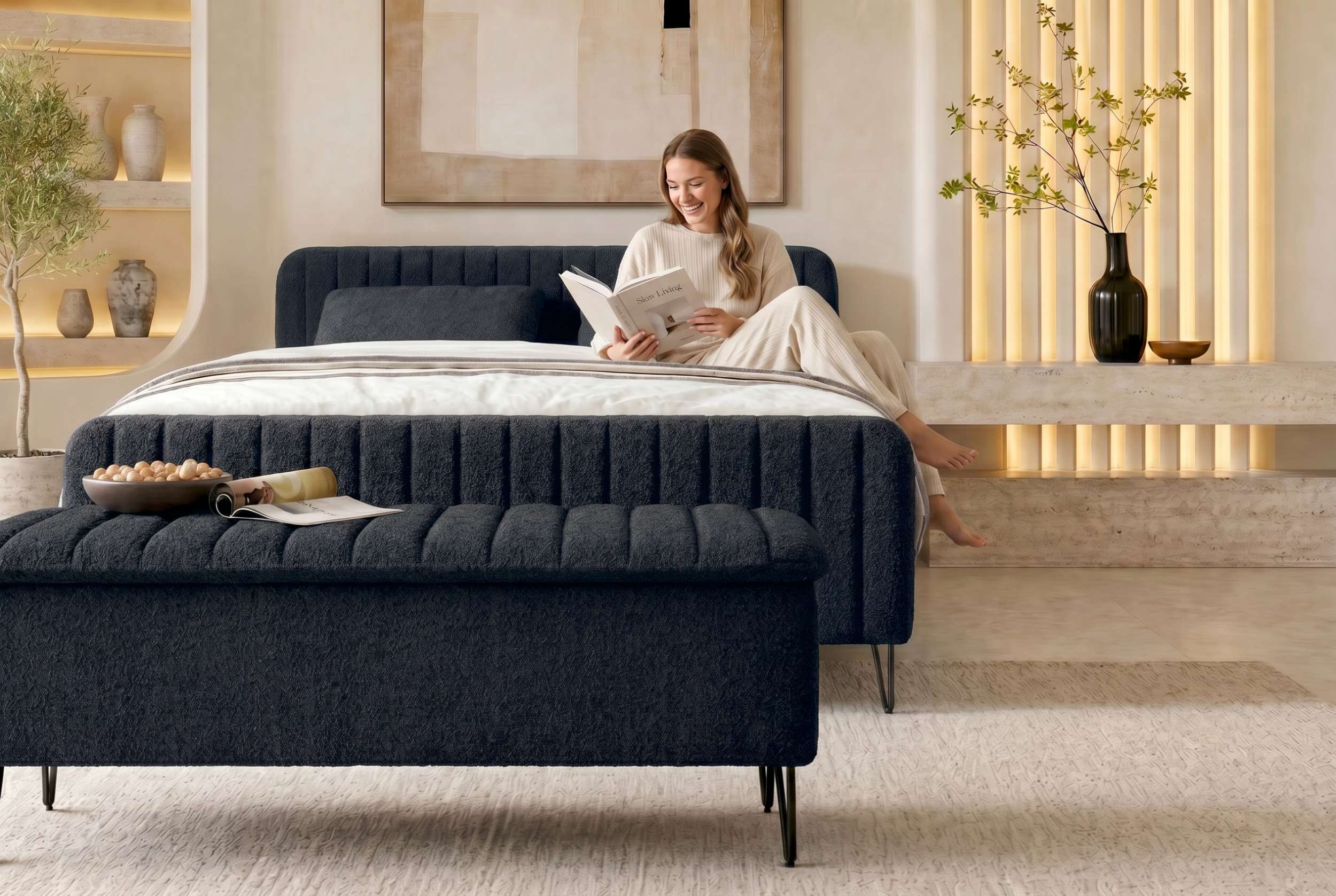 Boxspringbett Aurelio mit Hocker Schwarz