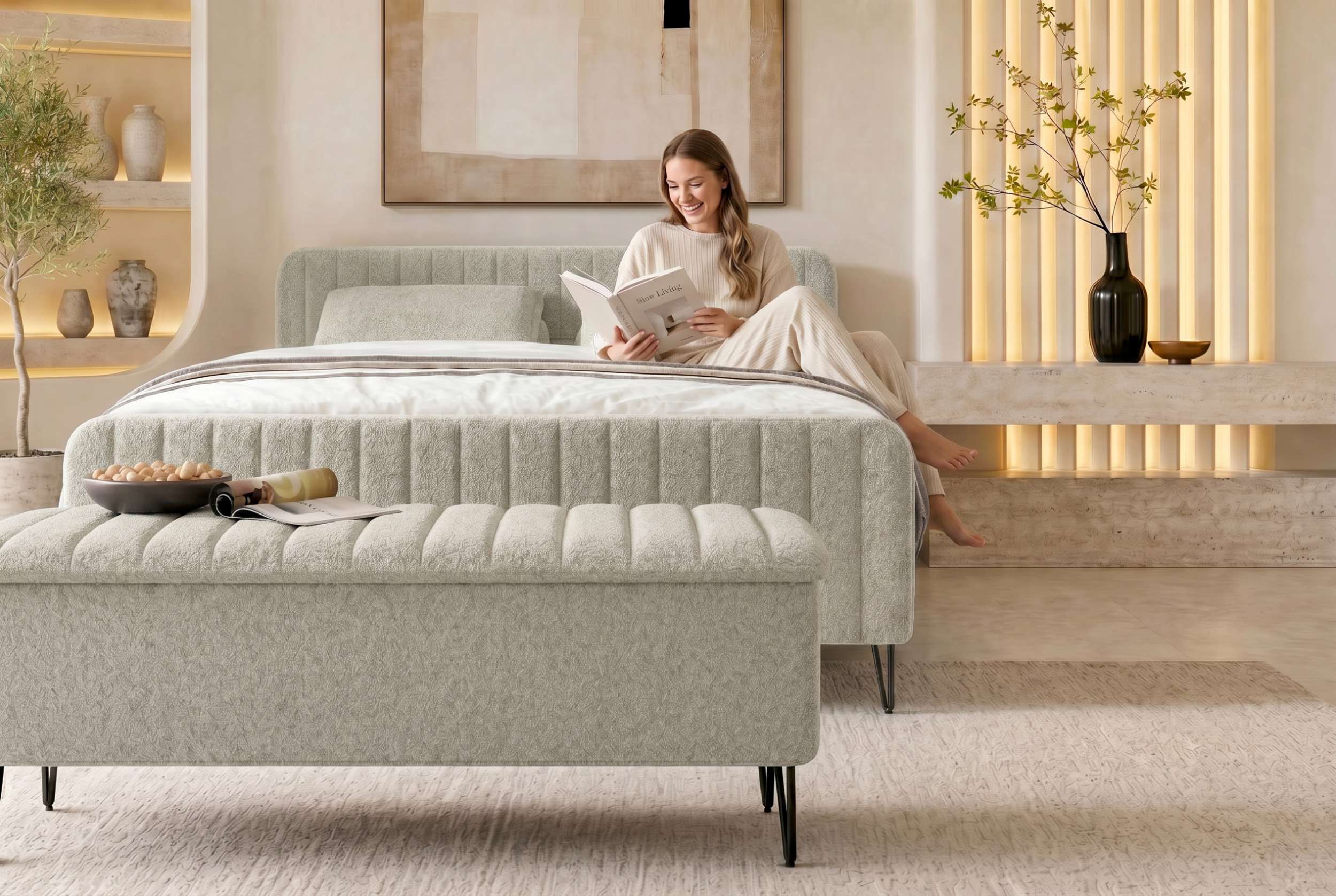 Boxspringbett Aurelio mit Hocker Creme
