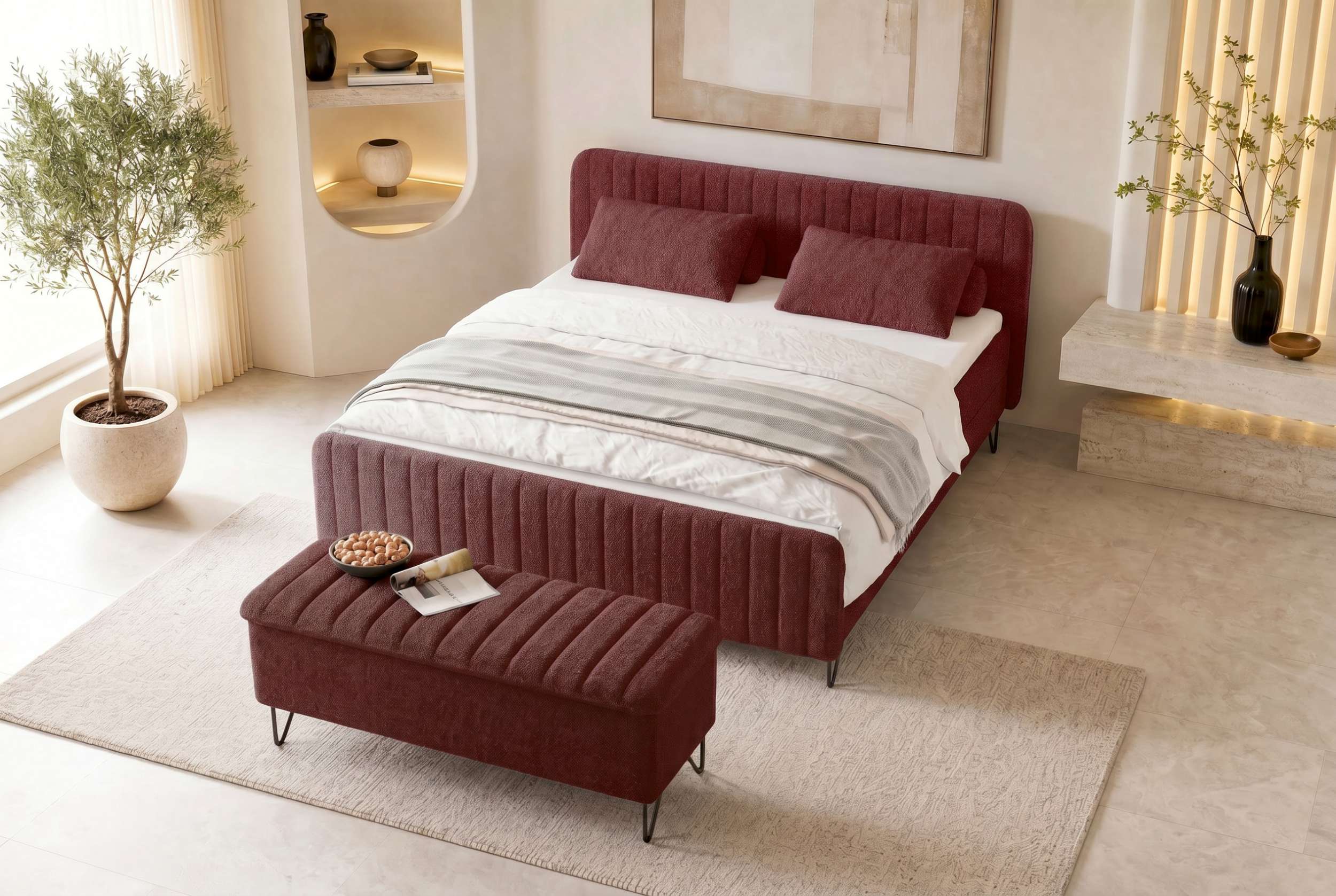 Boxspringbett Aurelio mit Hocker Rot