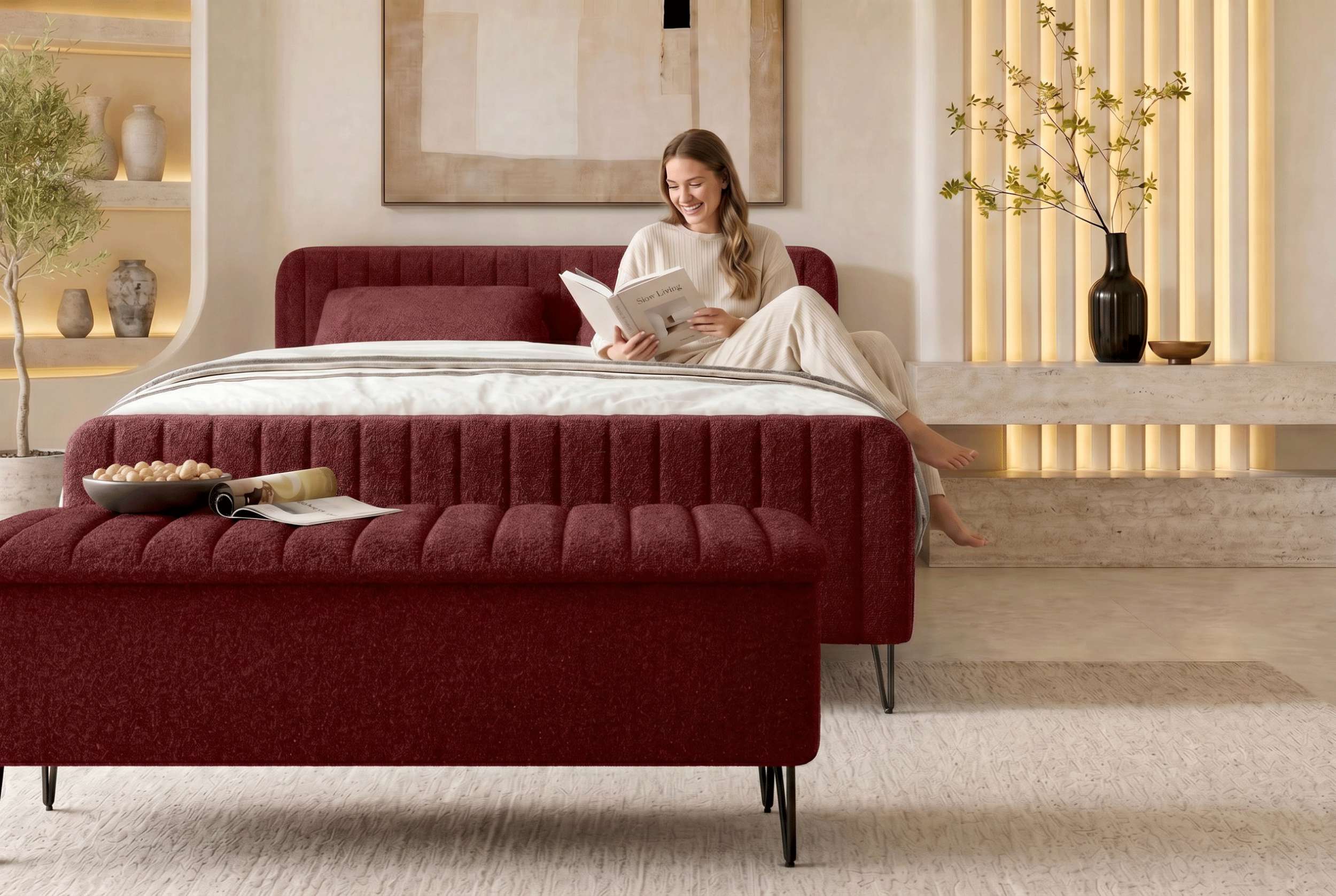 Boxspringbett Aurelio mit Hocker Rot