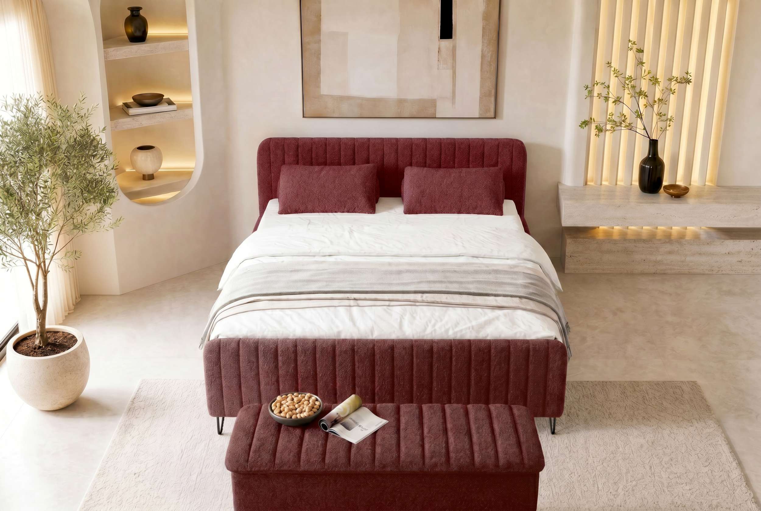 Boxspringbett Aurelio mit Hocker Rot