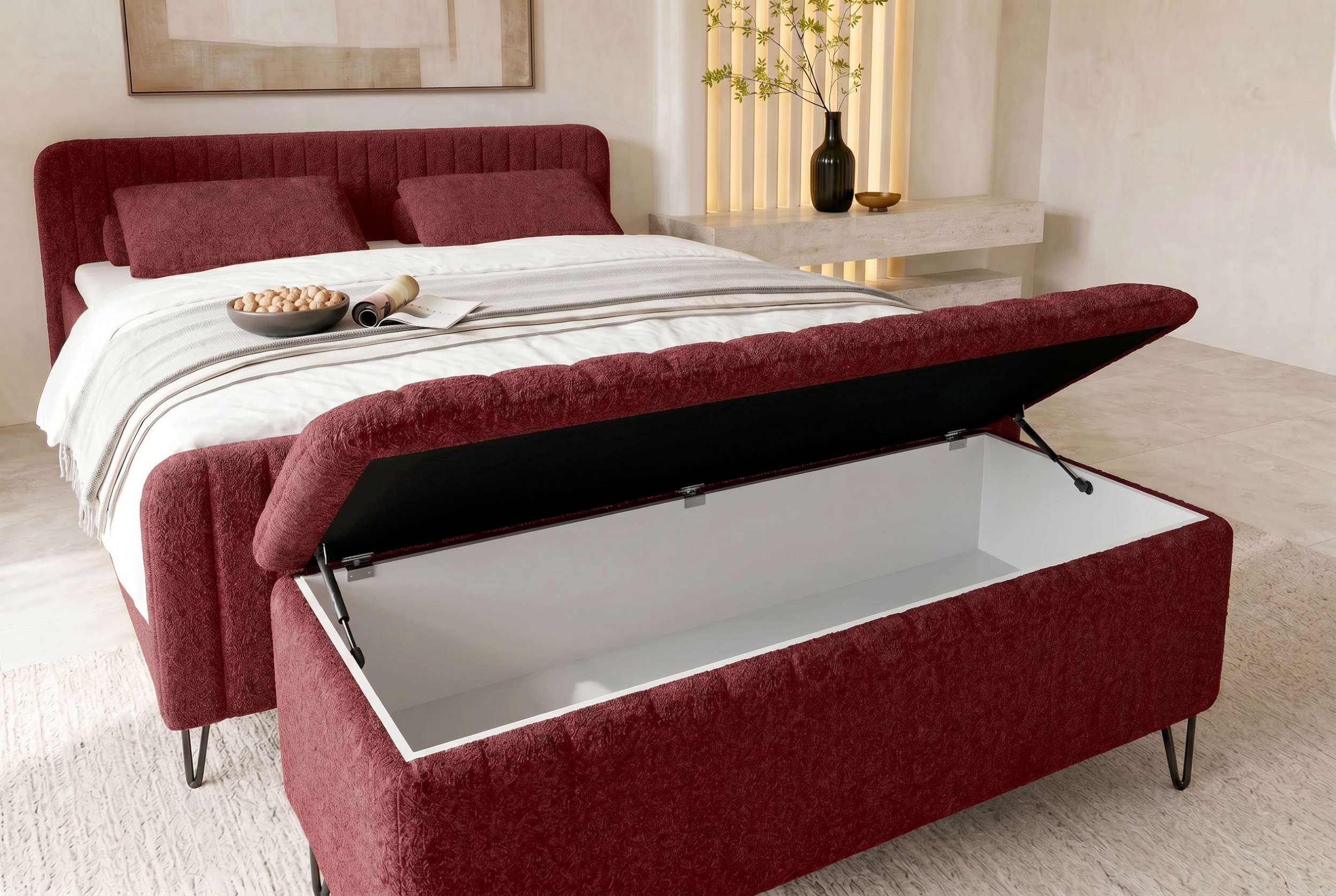 Boxspringbett Aurelio mit Hocker Rot