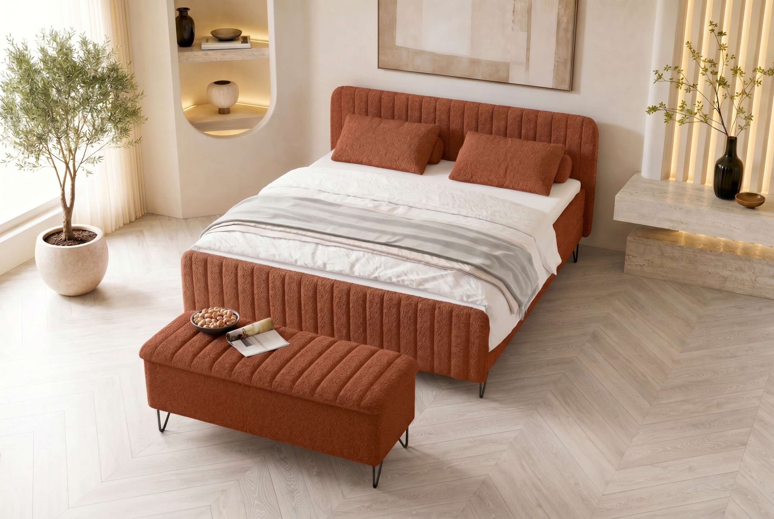 Boxspringbett Aurelio mit Hocker Terracotta