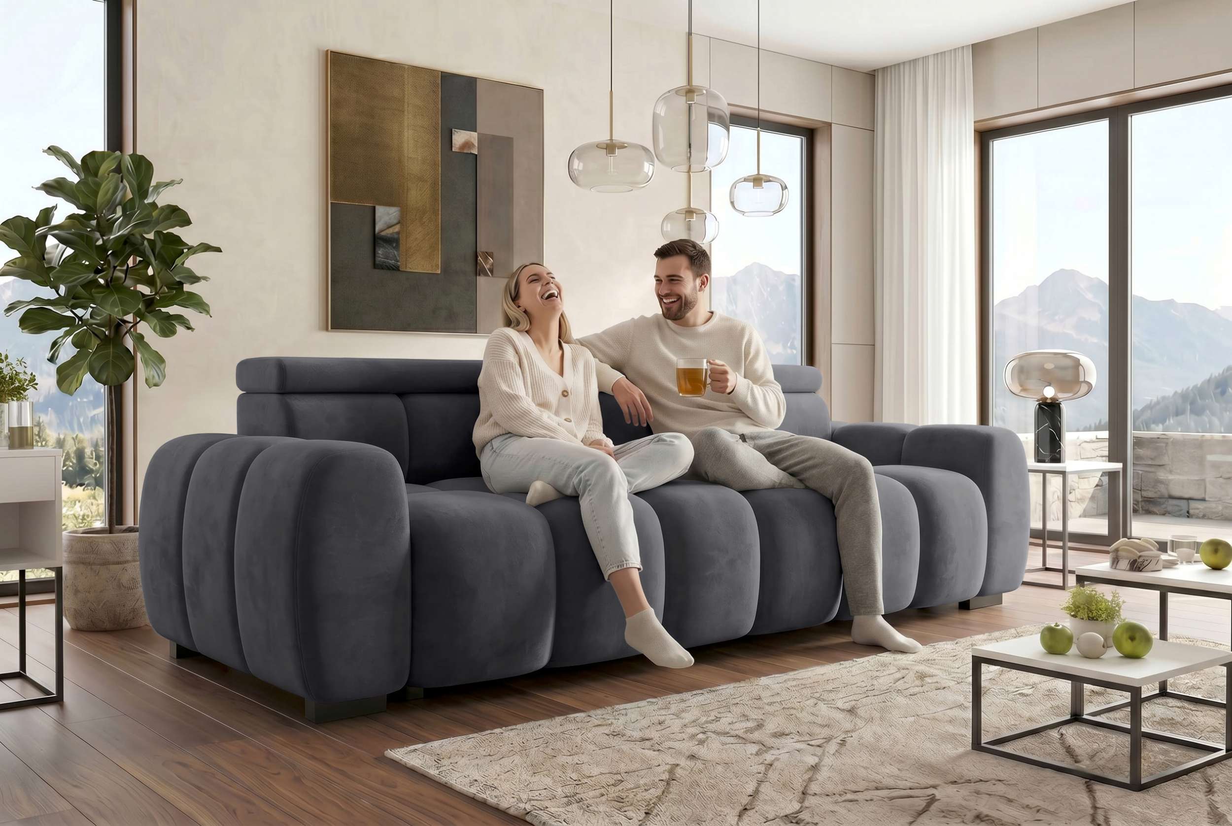 Bigsofa Santorin im Samt Stoffbezug Anthrazit