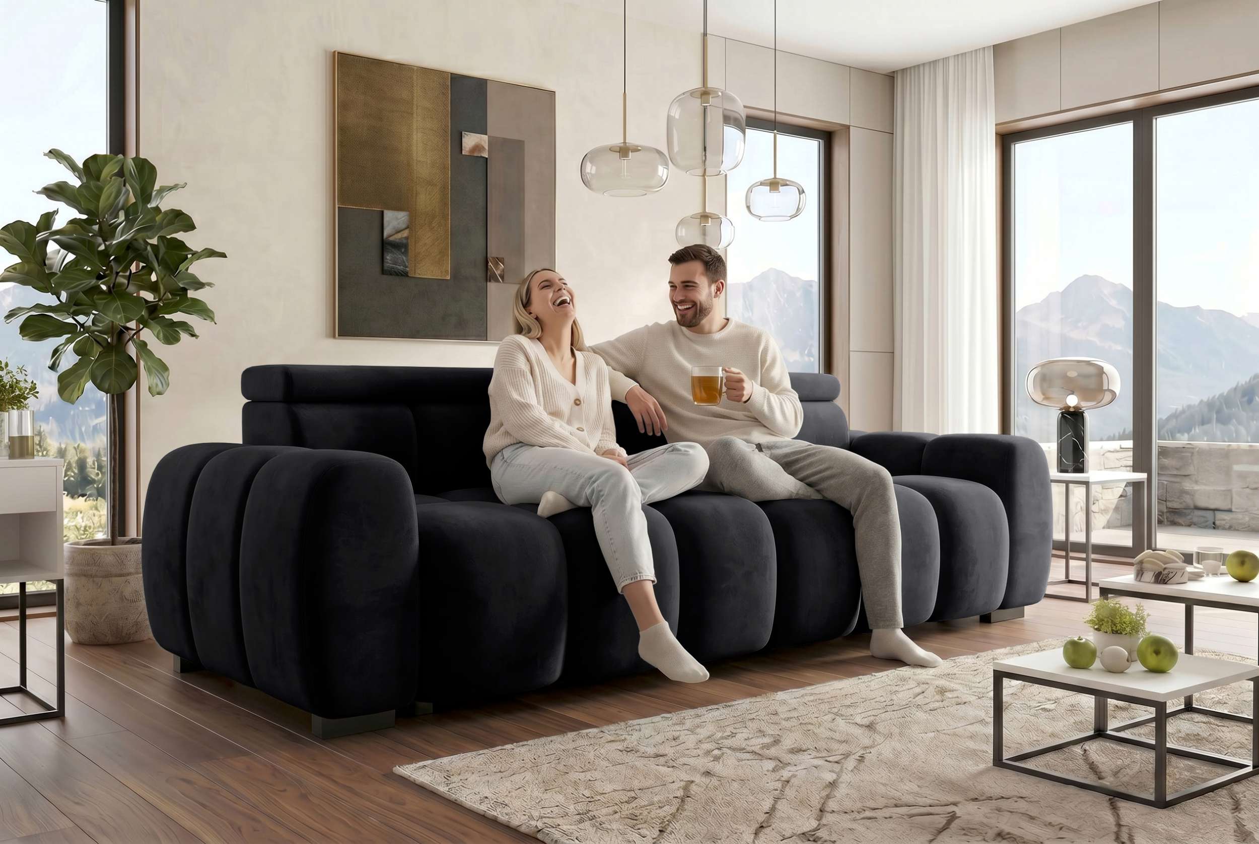 Bigsofa Santorin im Samt Stoffbezug Schwarz