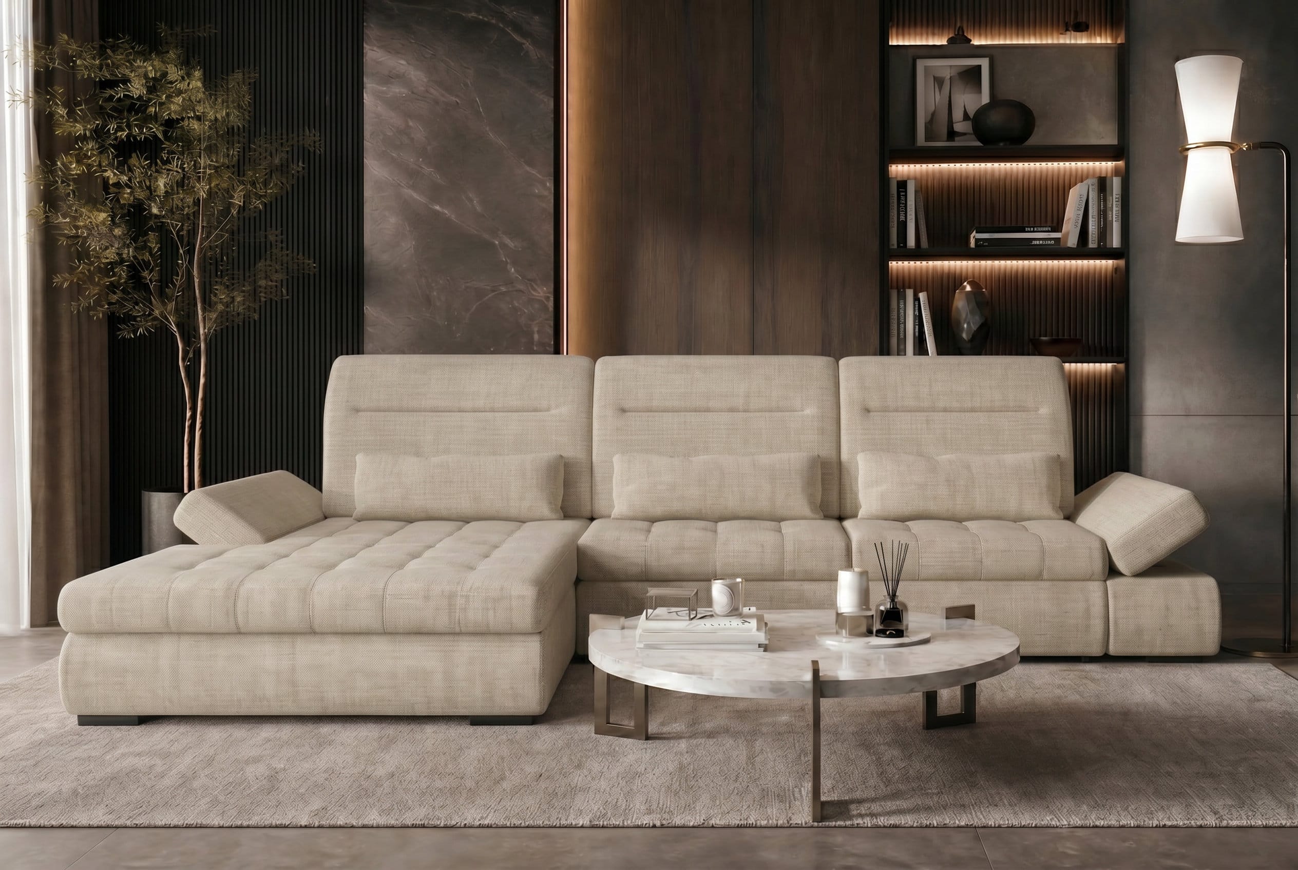 Samtstoff Ecksofa Ares L Form Plus Creme