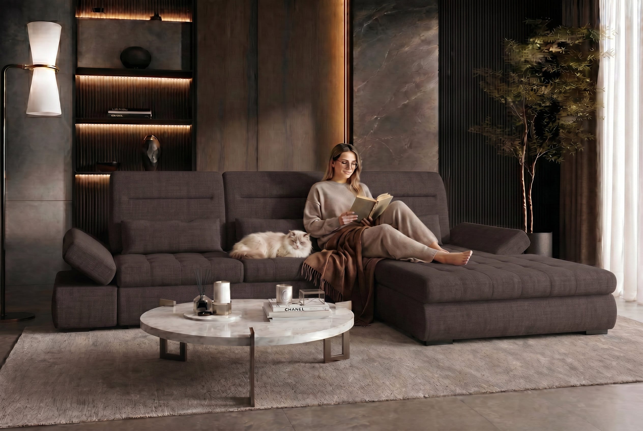Ecksofa Ares L-Form aus Stoff Braun