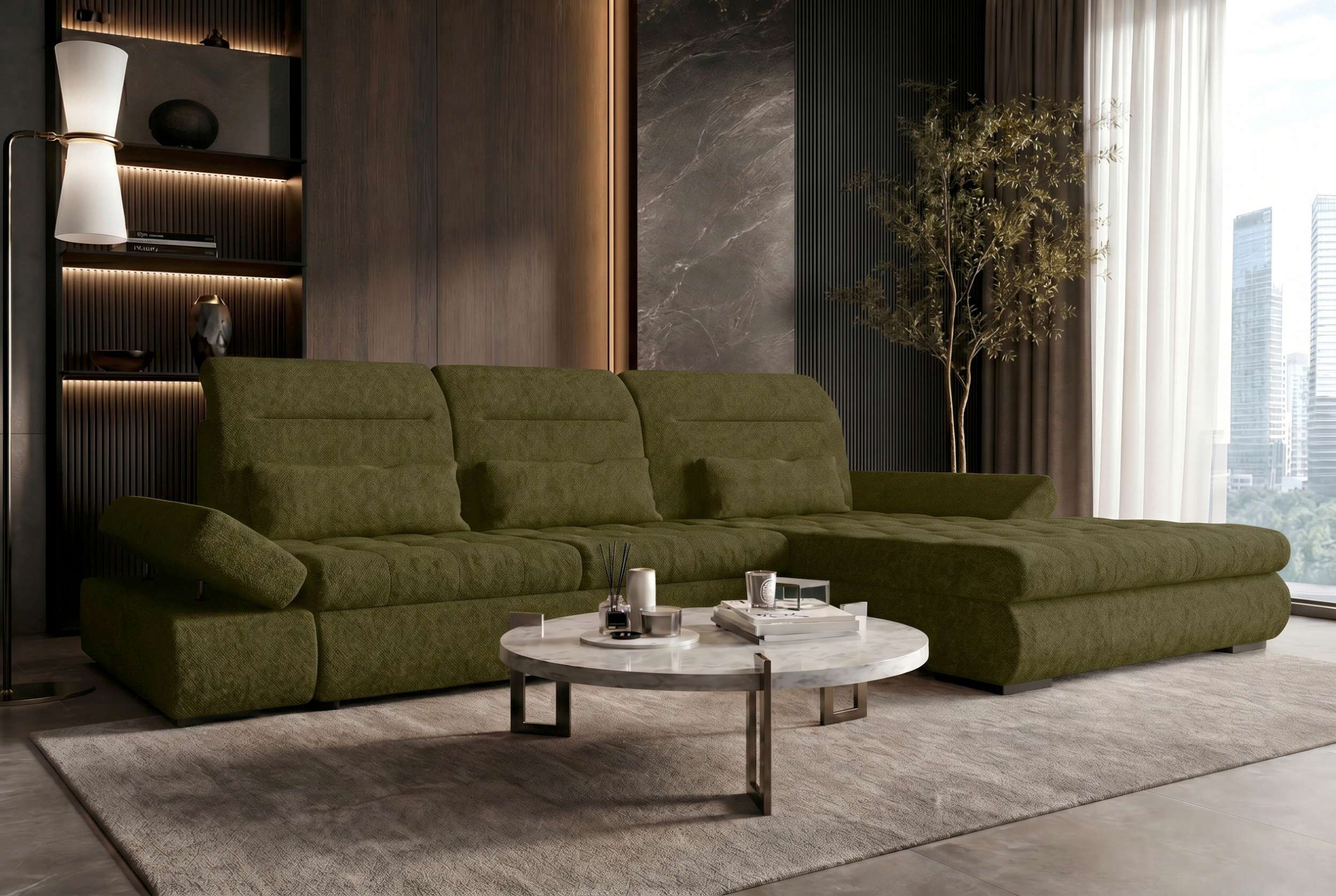 Ecksofa Ares L Form aus Stoff grün