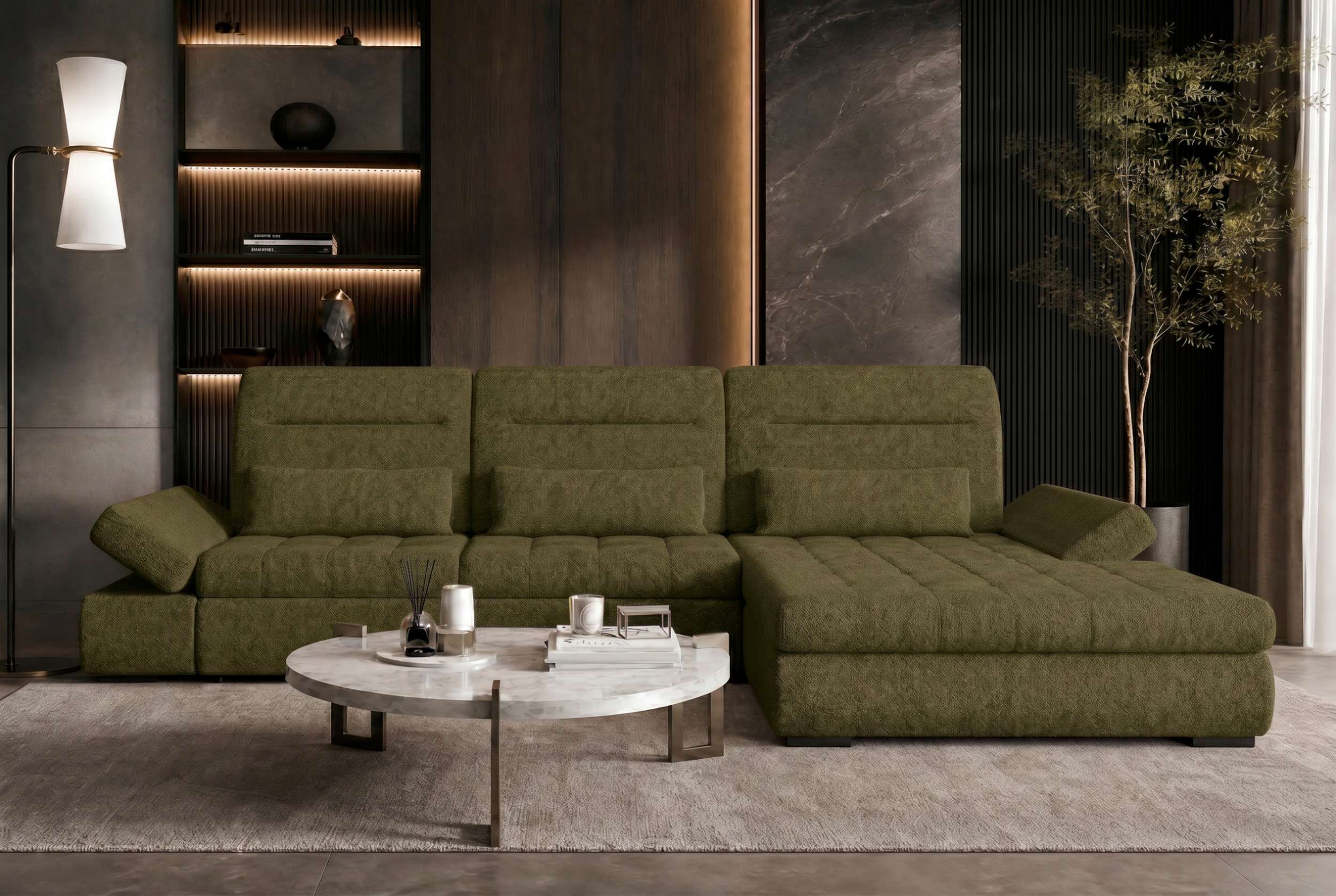 Ecksofa Ares L Form aus Stoff grün