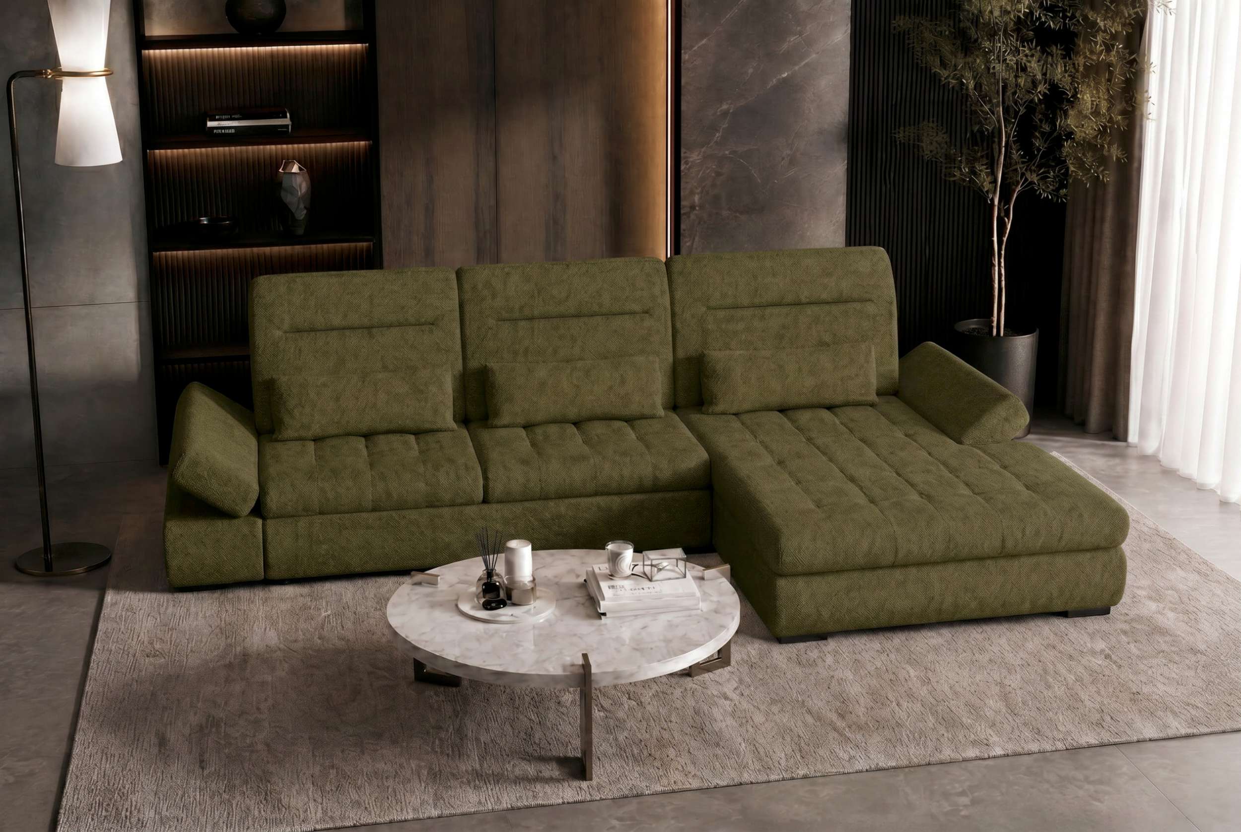 Ecksofa Ares L Form aus Stoff grün