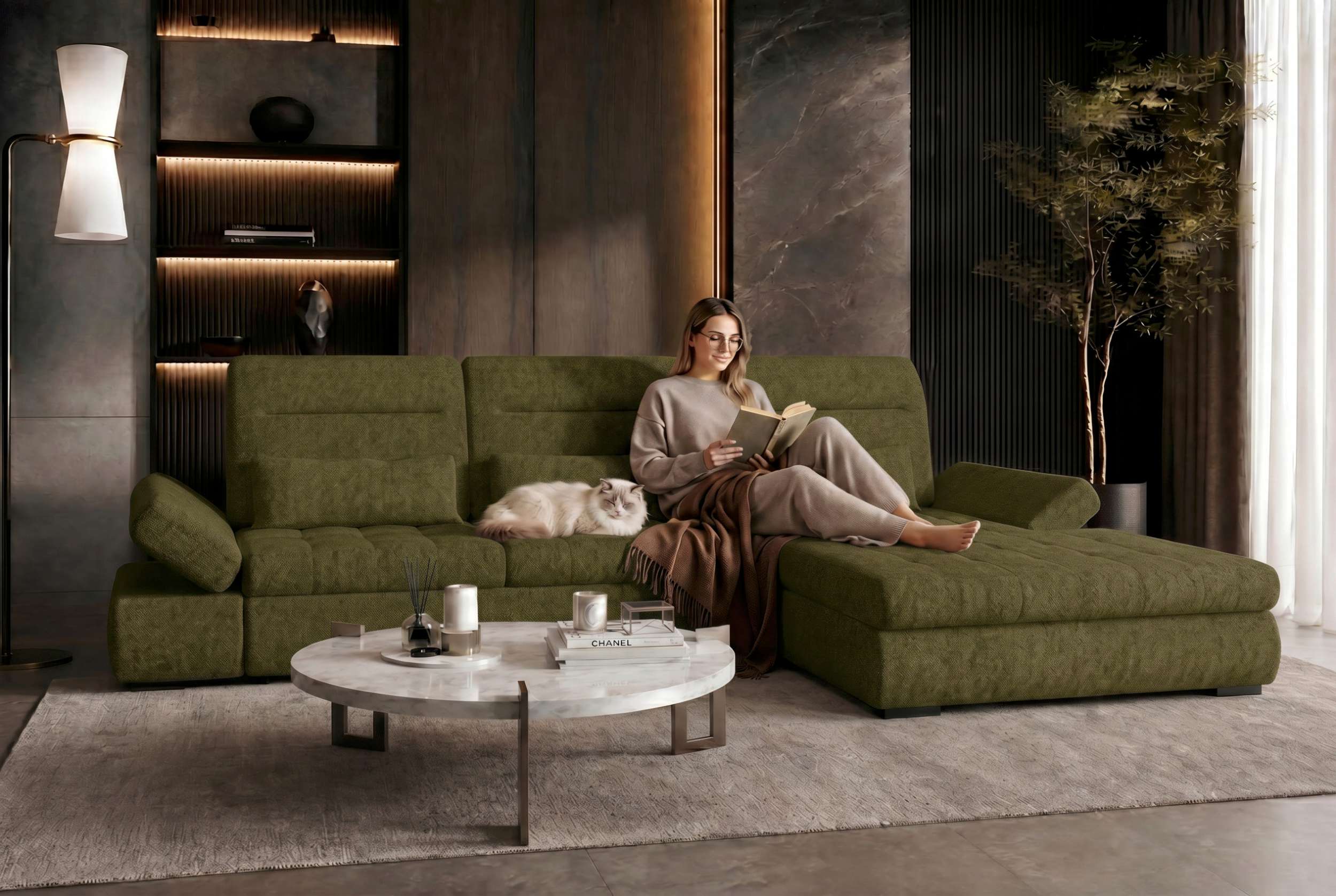 Ecksofa Ares L Form aus Stoff grün