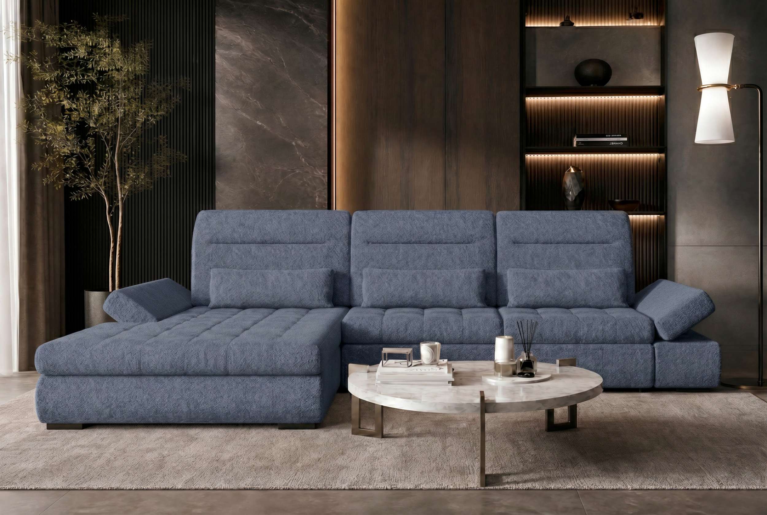 Strukturstoff Ecksofa Ares L Form Plus Blau