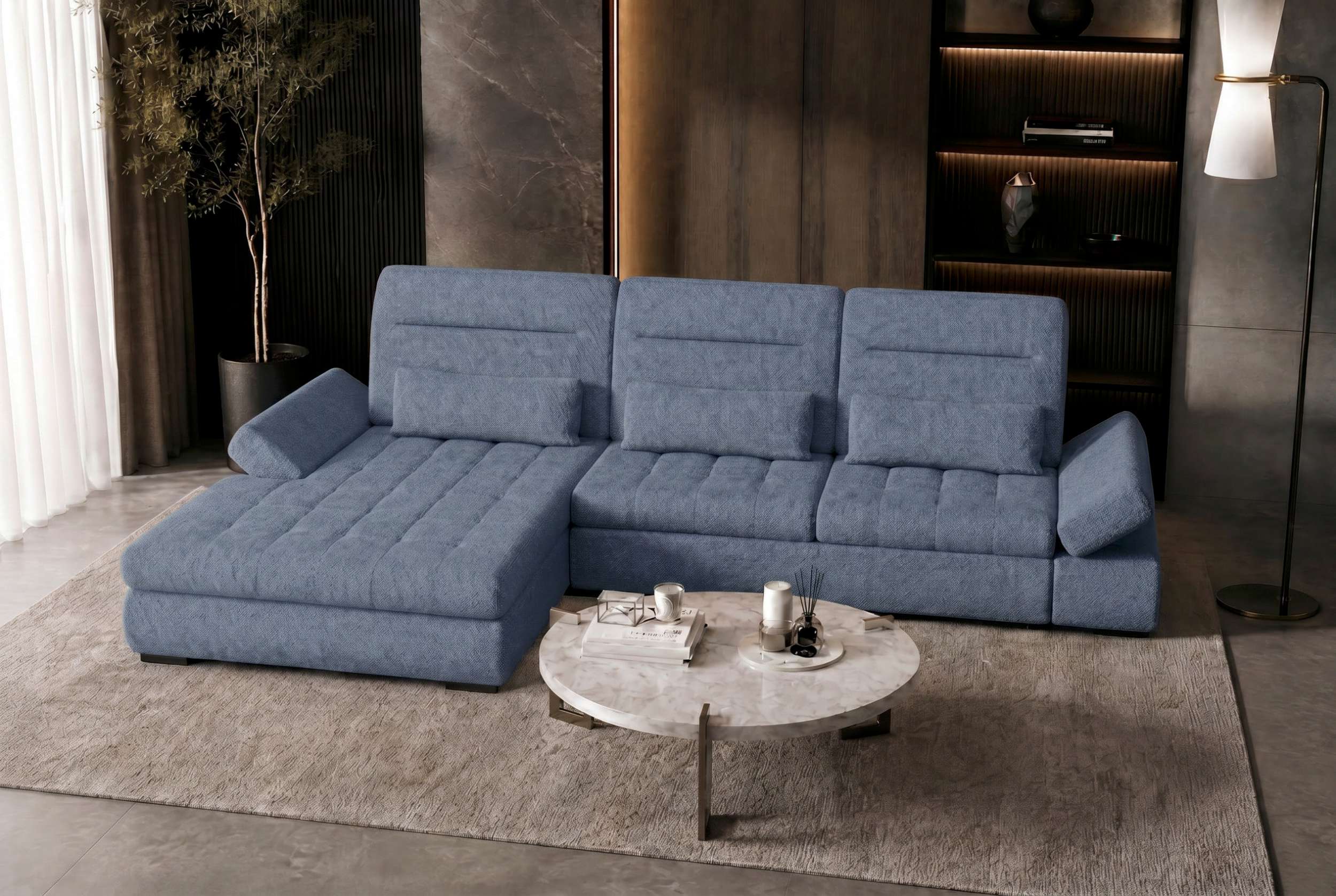 Strukturstoff Ecksofa Ares L Form Plus Blau