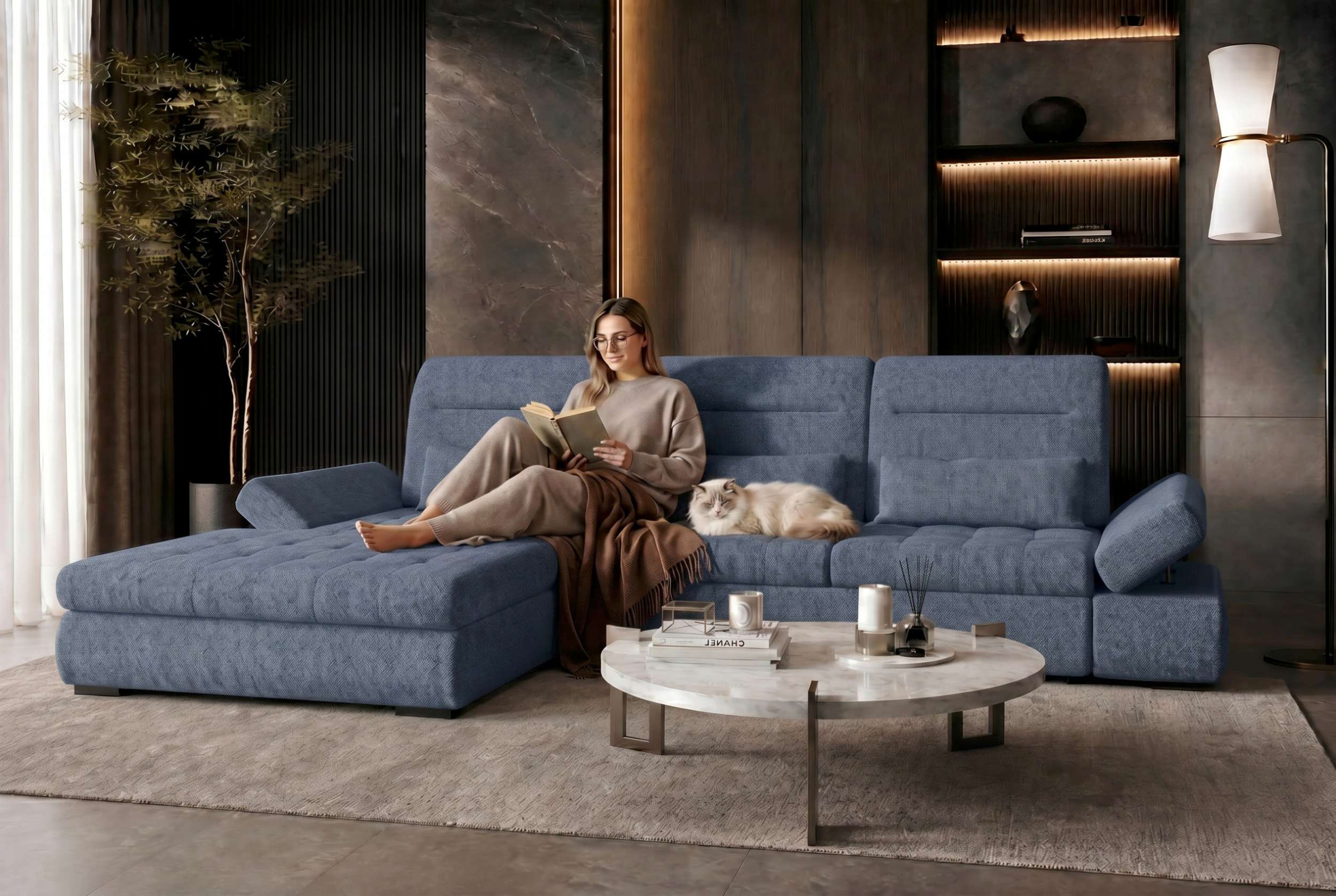 Strukturstoff Ecksofa Ares L Form Plus Blau