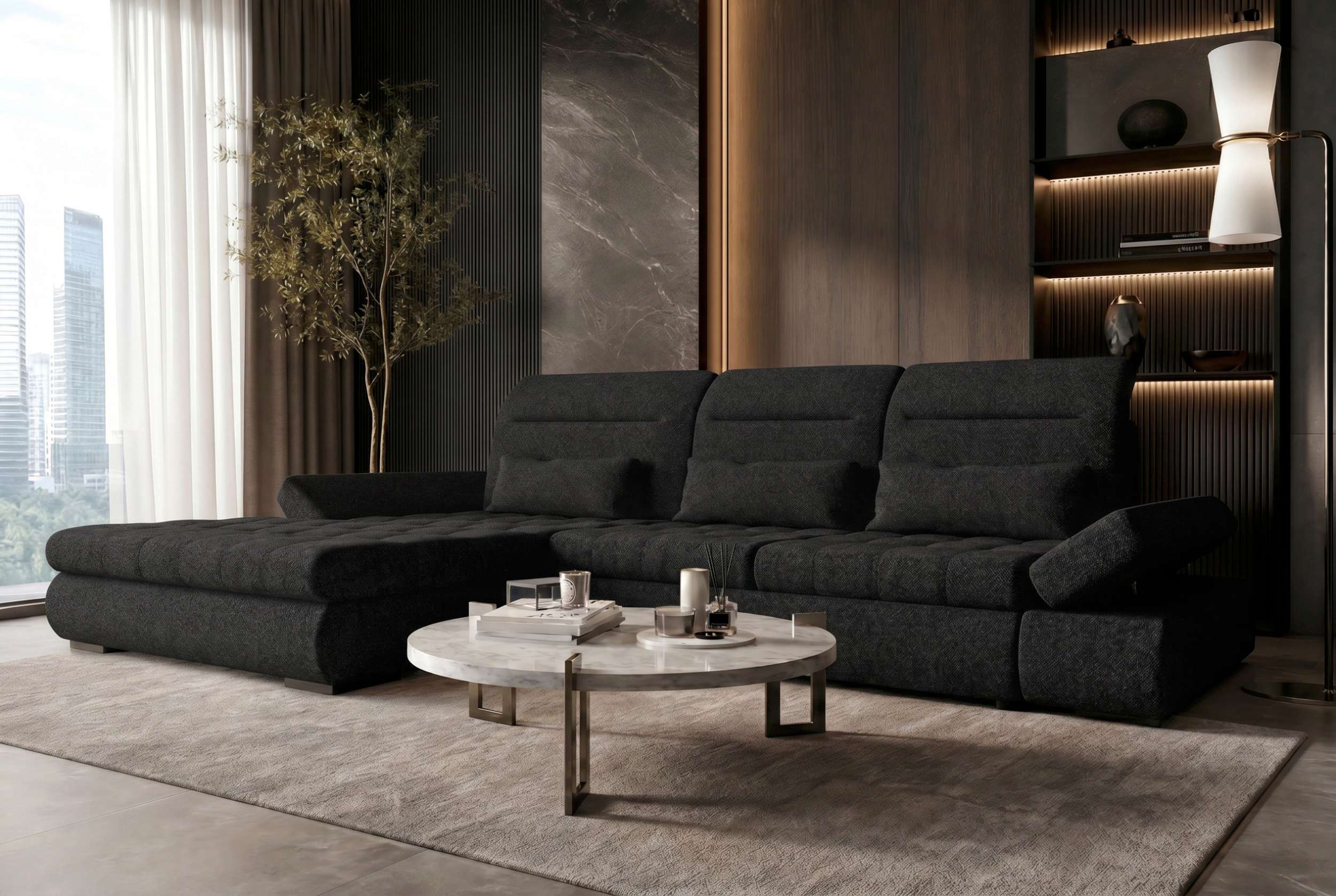 Ecksofa Ares L Form aus Stoff schwarz