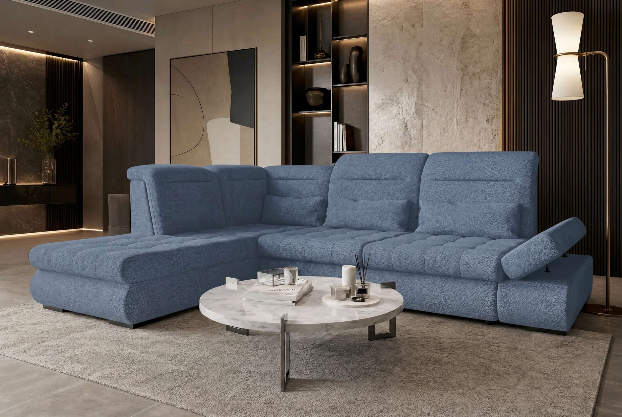 Couch Ares L Form in Stoff blau