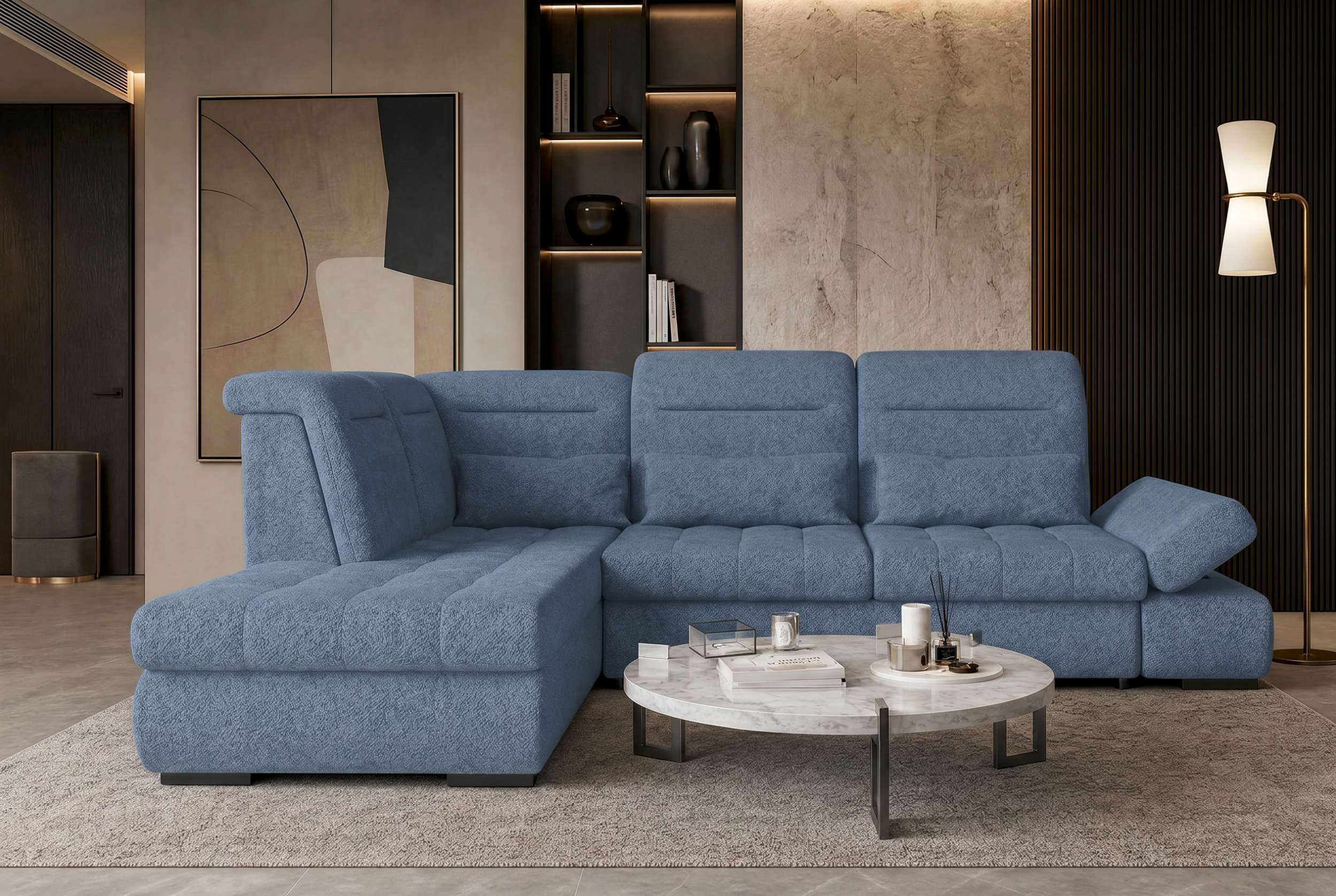 Couch Ares L Form in Stoff blau