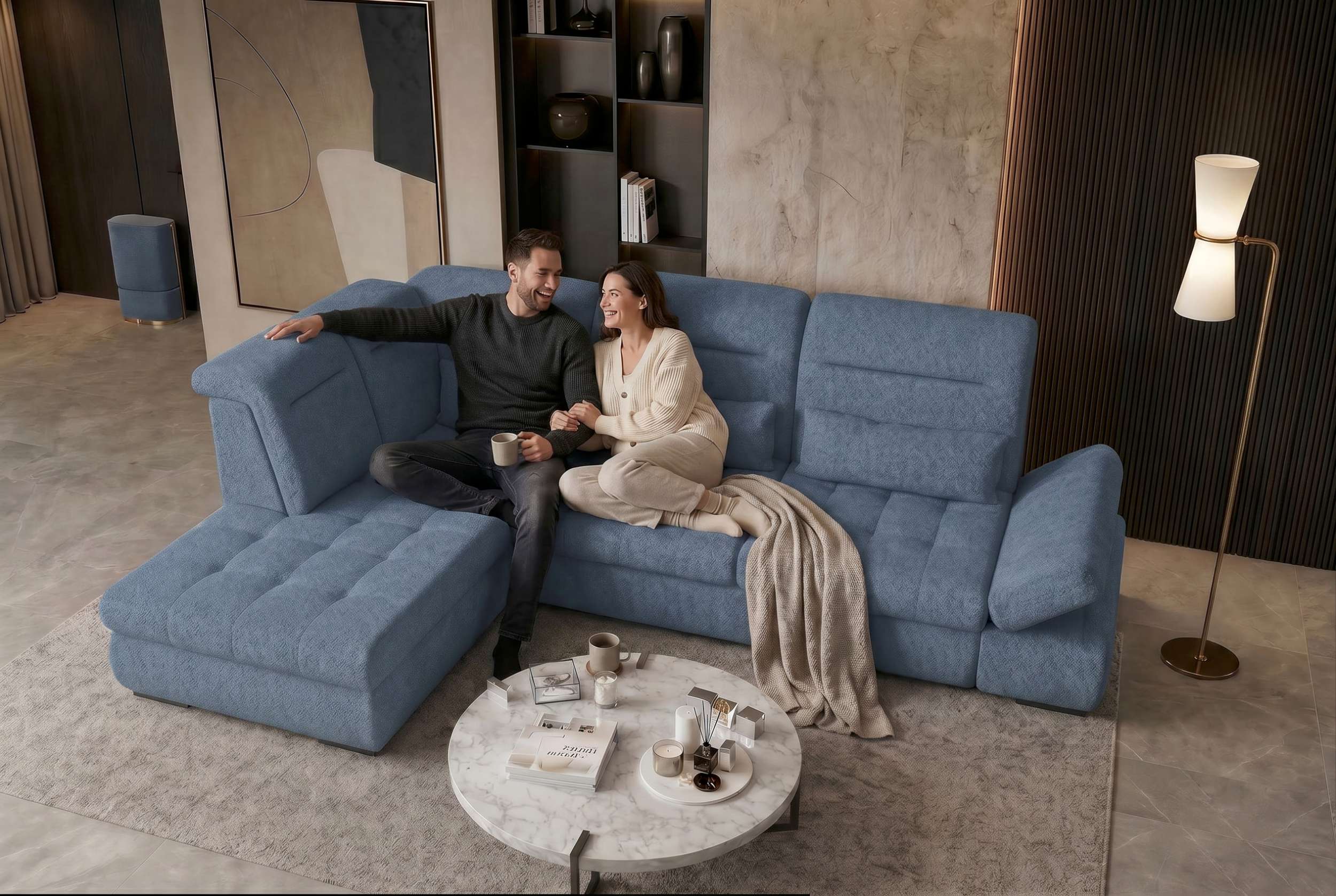 Couch Ares L Form in Stoff blau