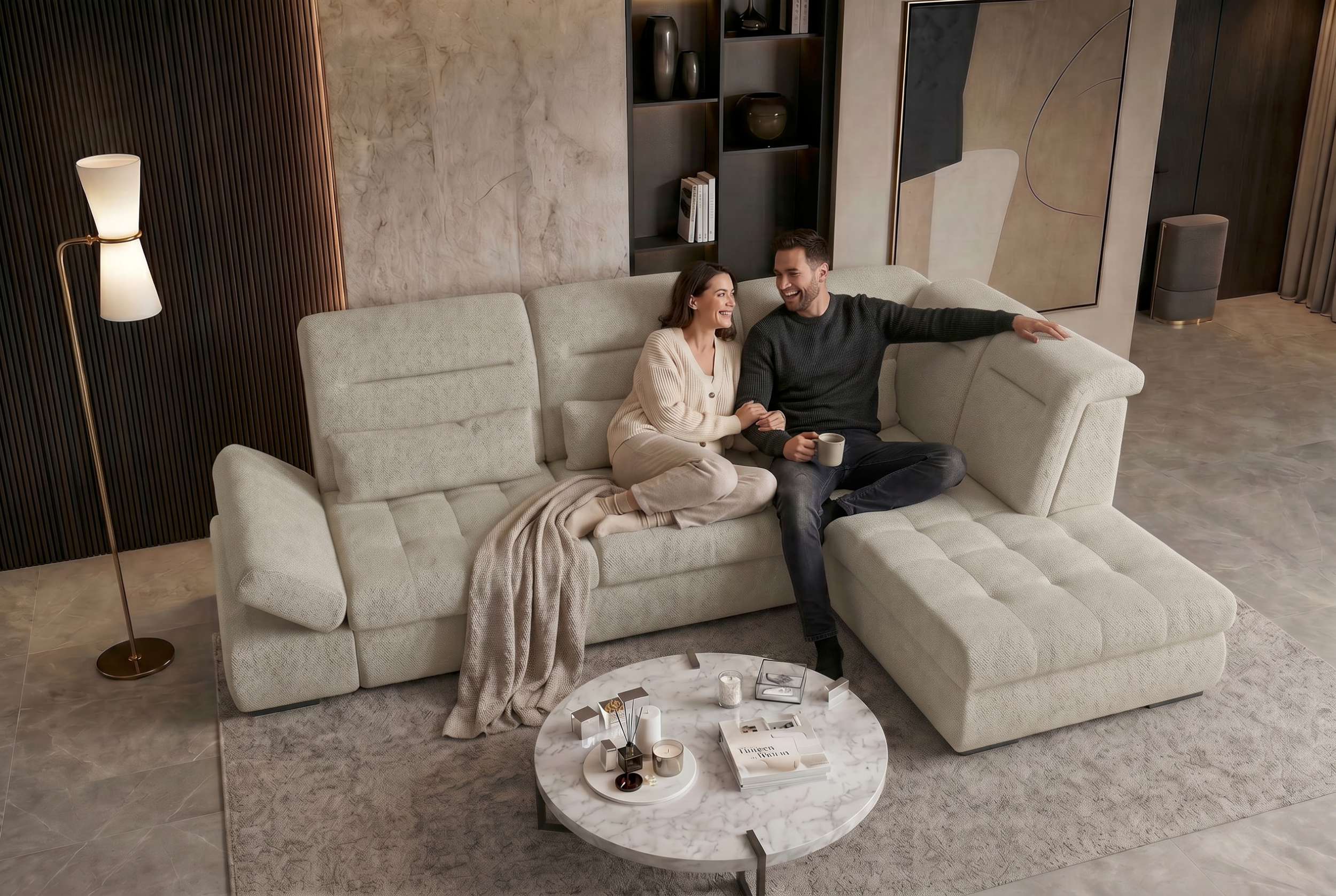 Couch Ares L Form in Stoff hellgrau