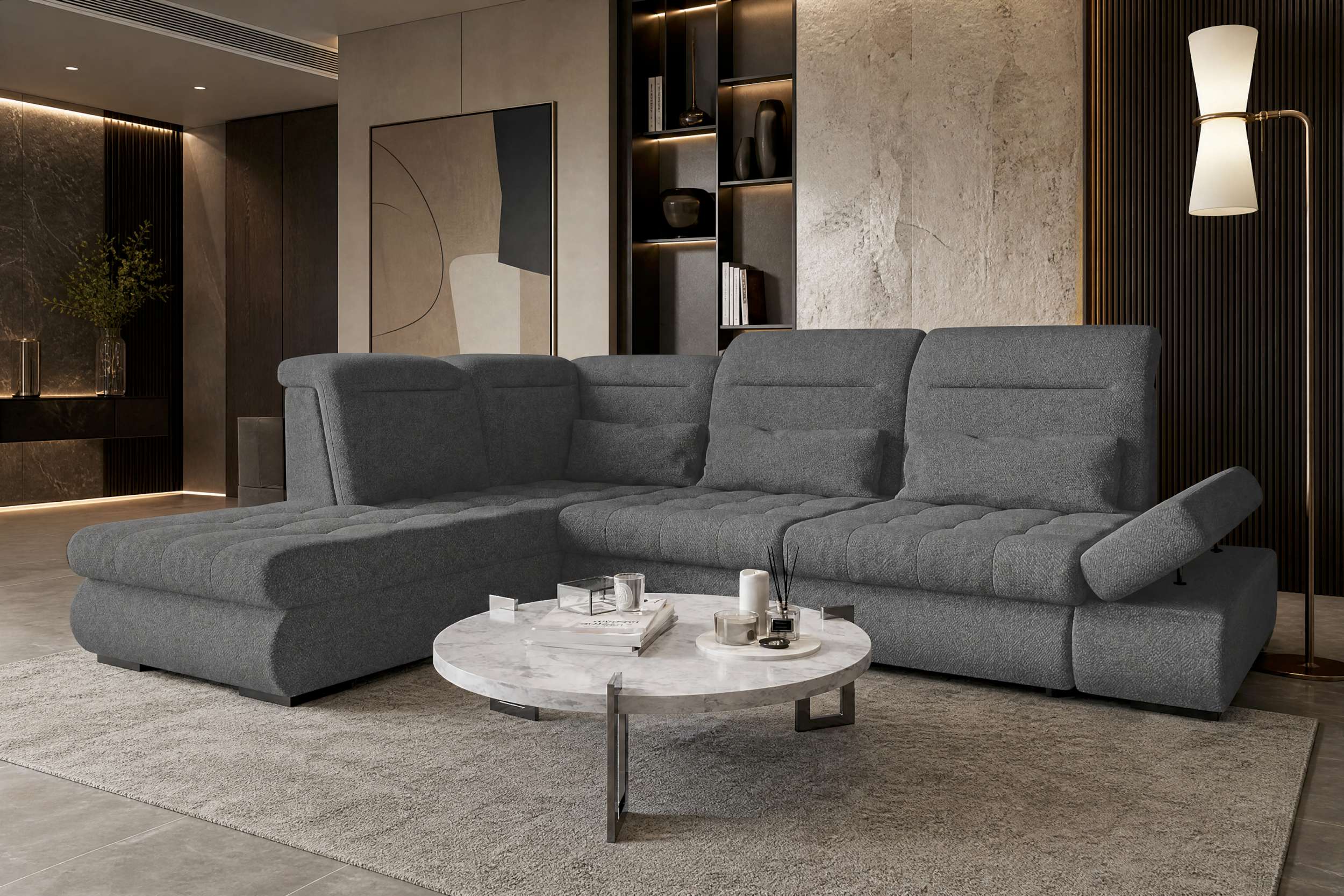 Strukturstoff Ecksofa Ares L Form kurz Anthrazit