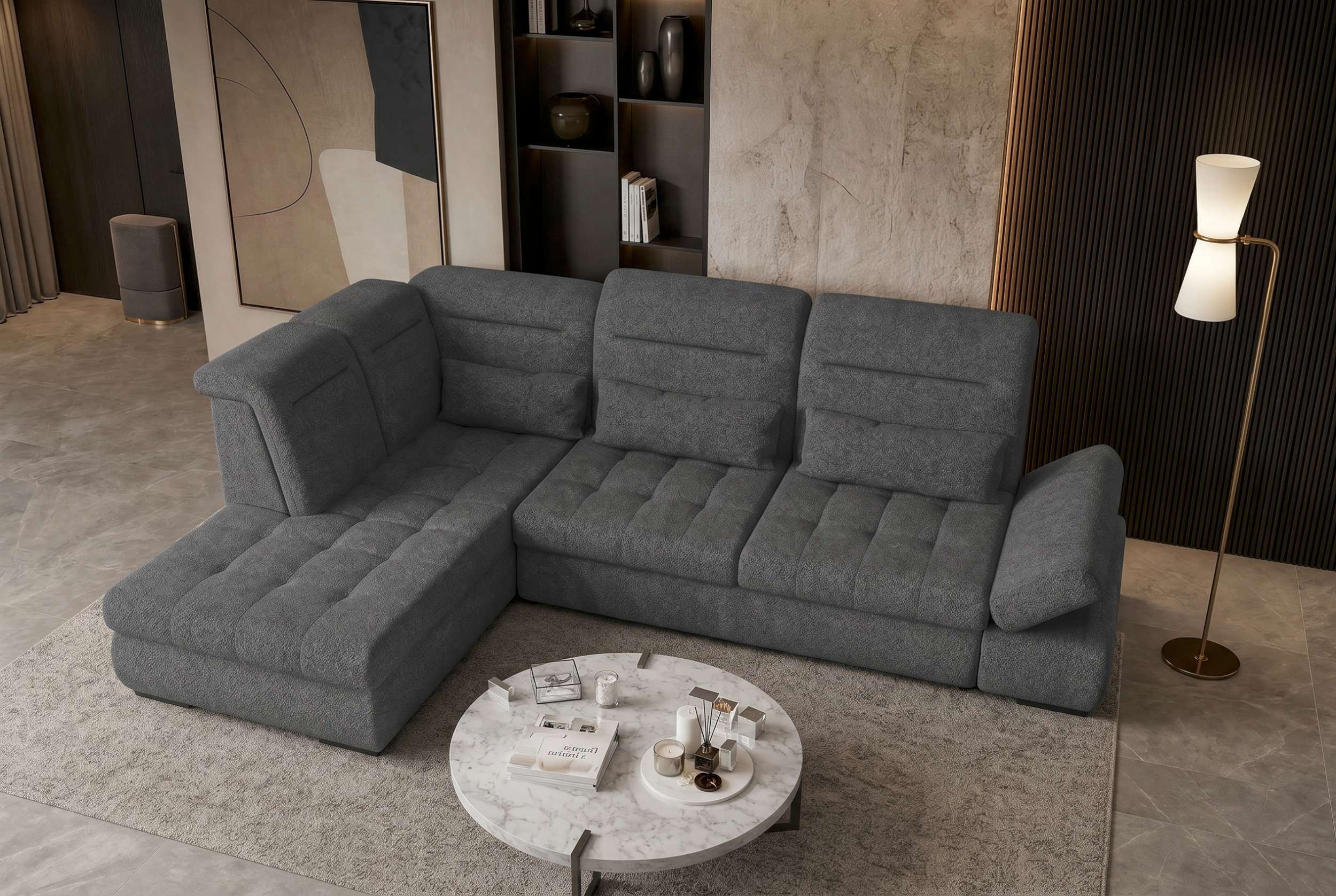 Strukturstoff Ecksofa Ares L Form kurz Anthrazit