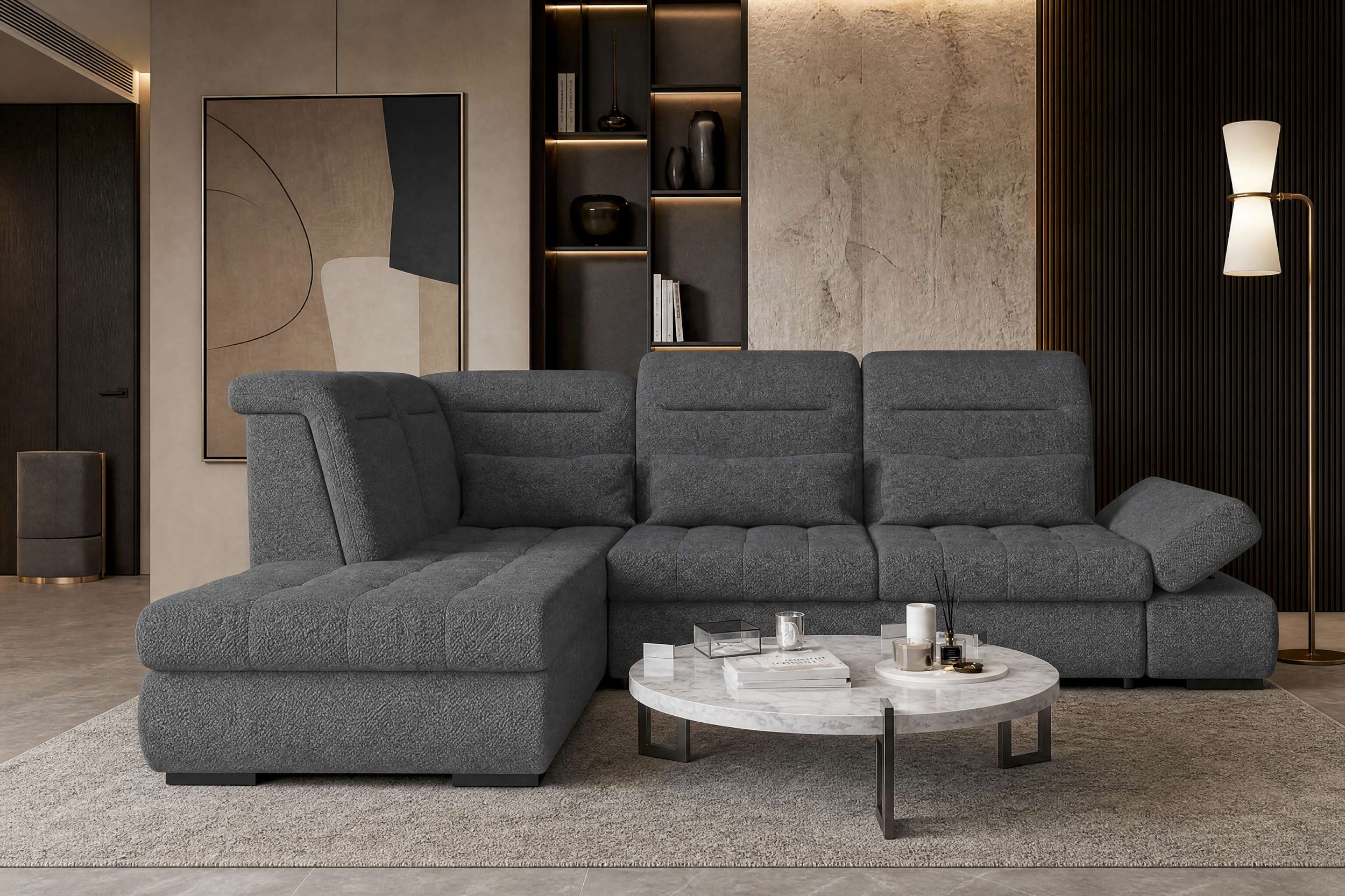 Strukturstoff Ecksofa Ares L Form kurz Anthrazit