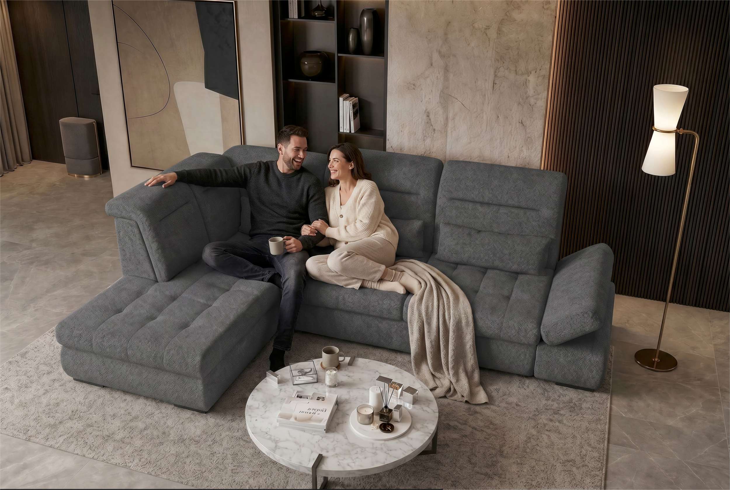 Strukturstoff Ecksofa Ares L Form kurz Anthrazit