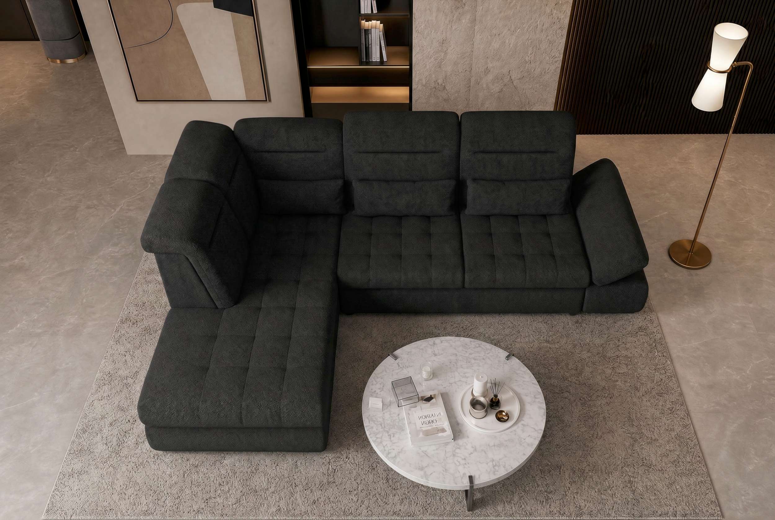 Couch Ares L-Form in Stoff Schwarz