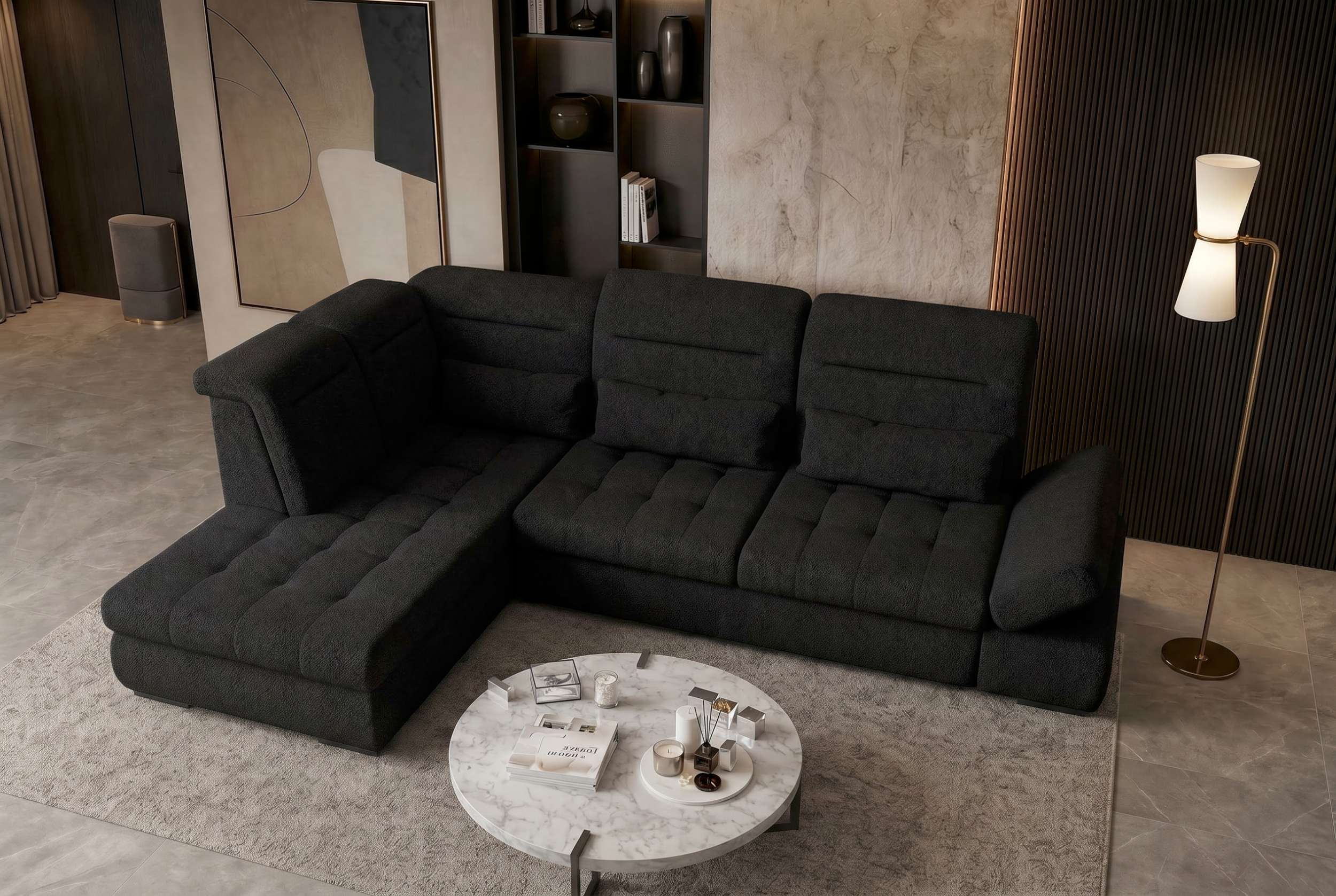 Couch Ares L-Form in Stoff Schwarz
