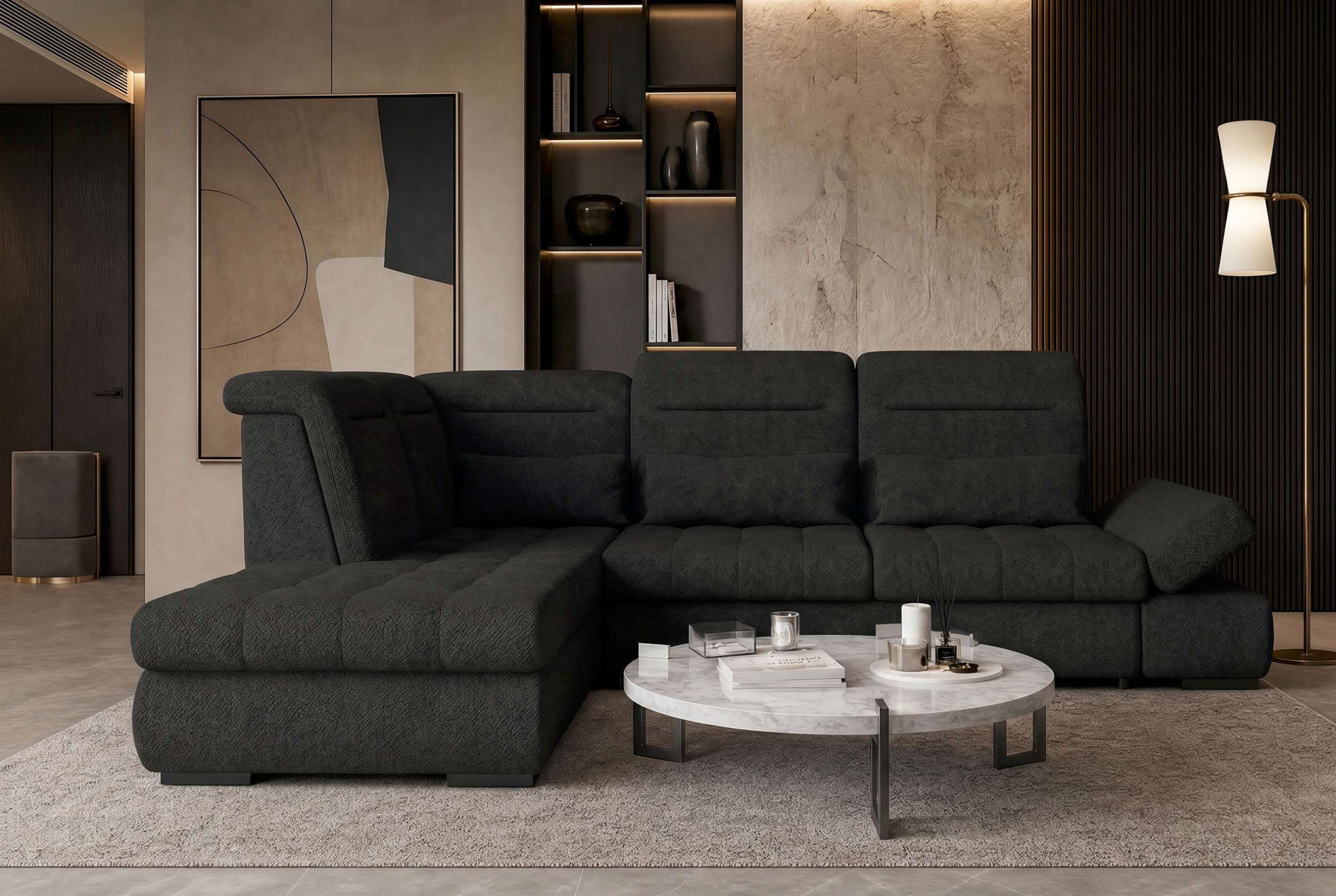 Couch Ares L-Form in Stoff Schwarz