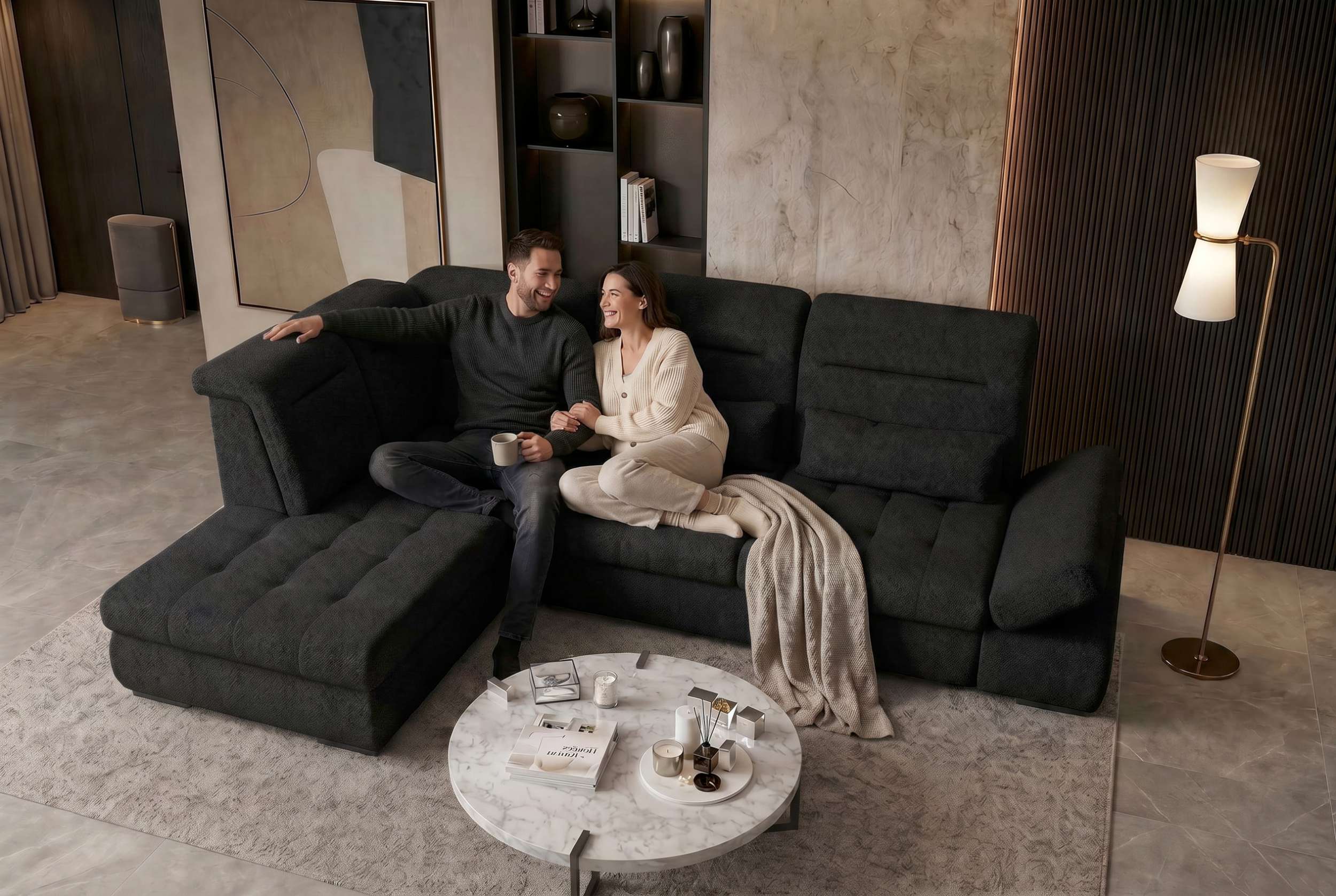Couch Ares L-Form in Stoff Schwarz