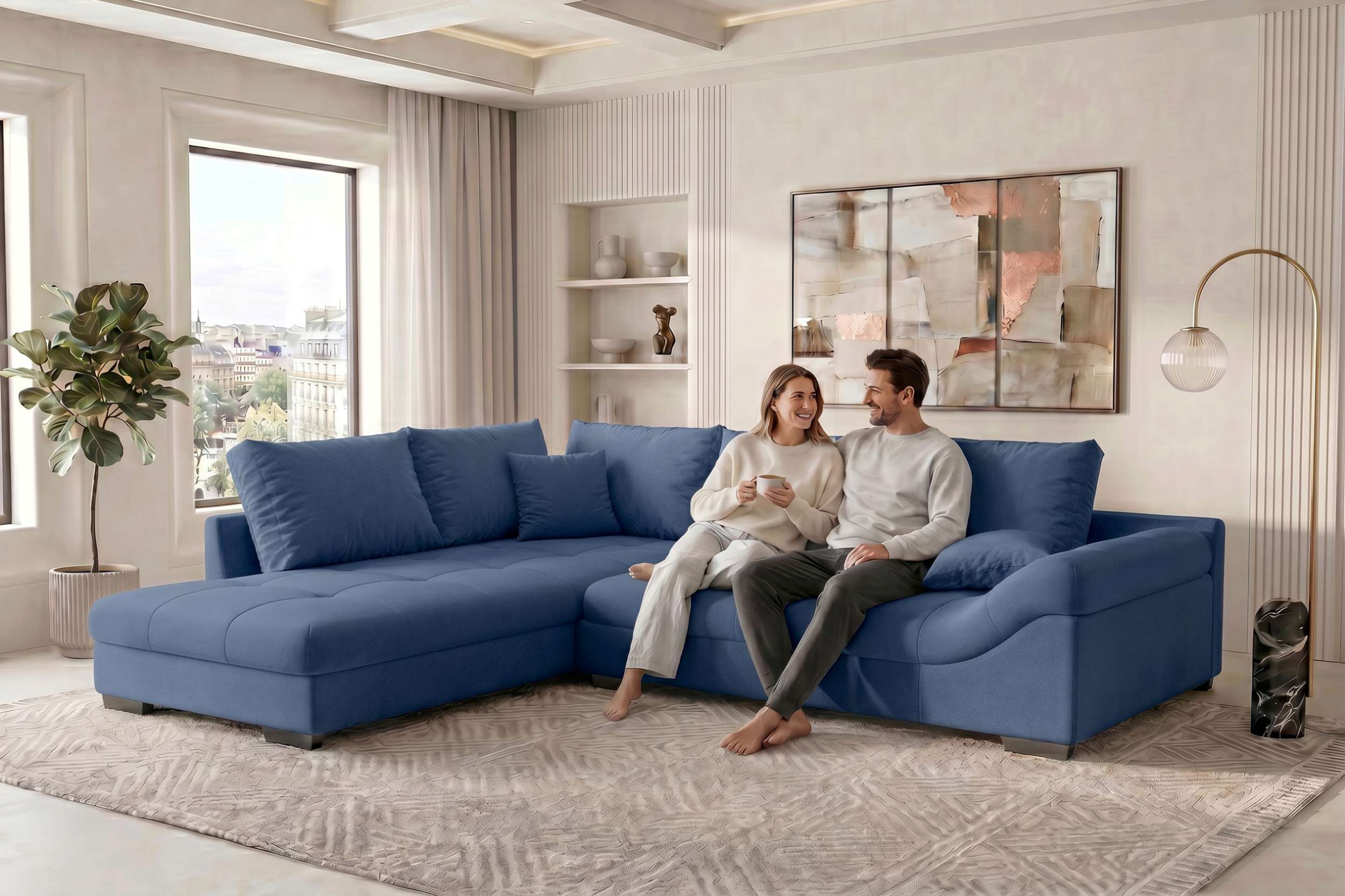 Couch Mykonos L-Form in Stoff Blau