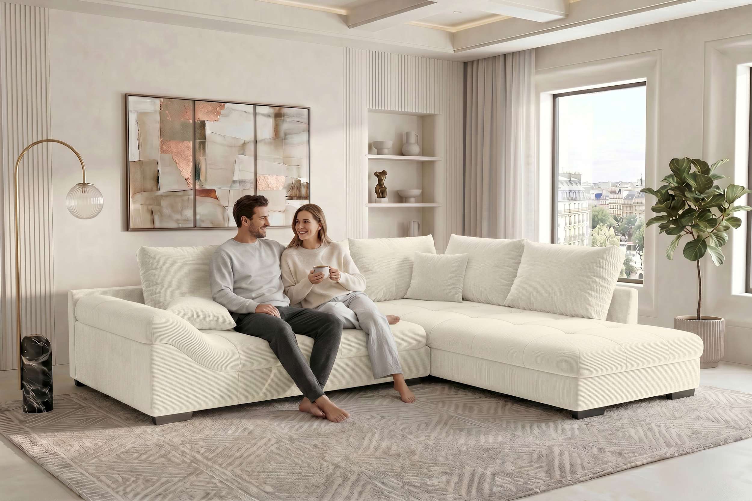 Couch Mykonos L Form in Stoff creme