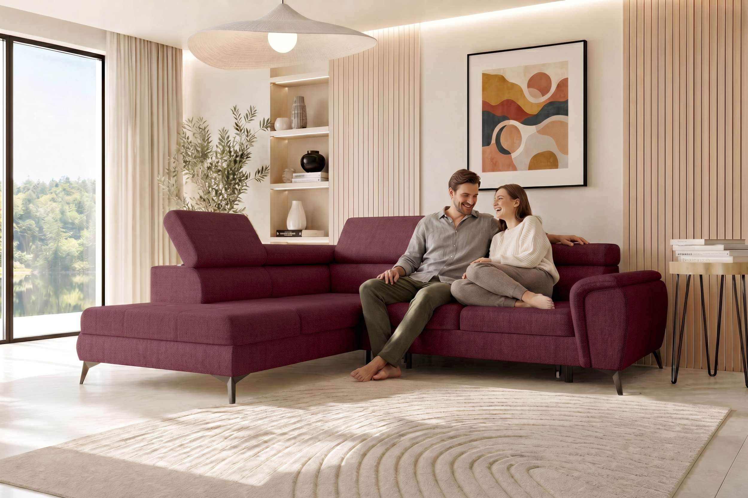 Couch Zento L Form in Stoff bordeaux
