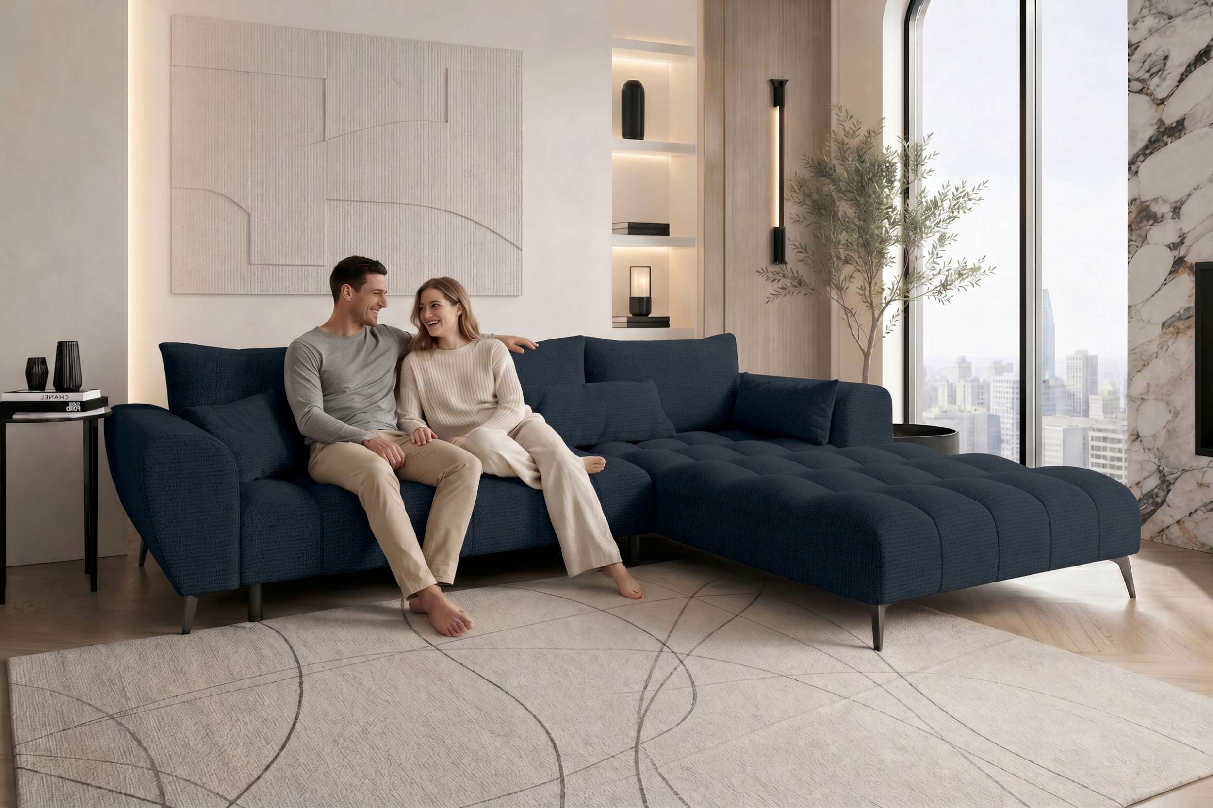 Stoff Ecksofa Avino L Form dunkelblau