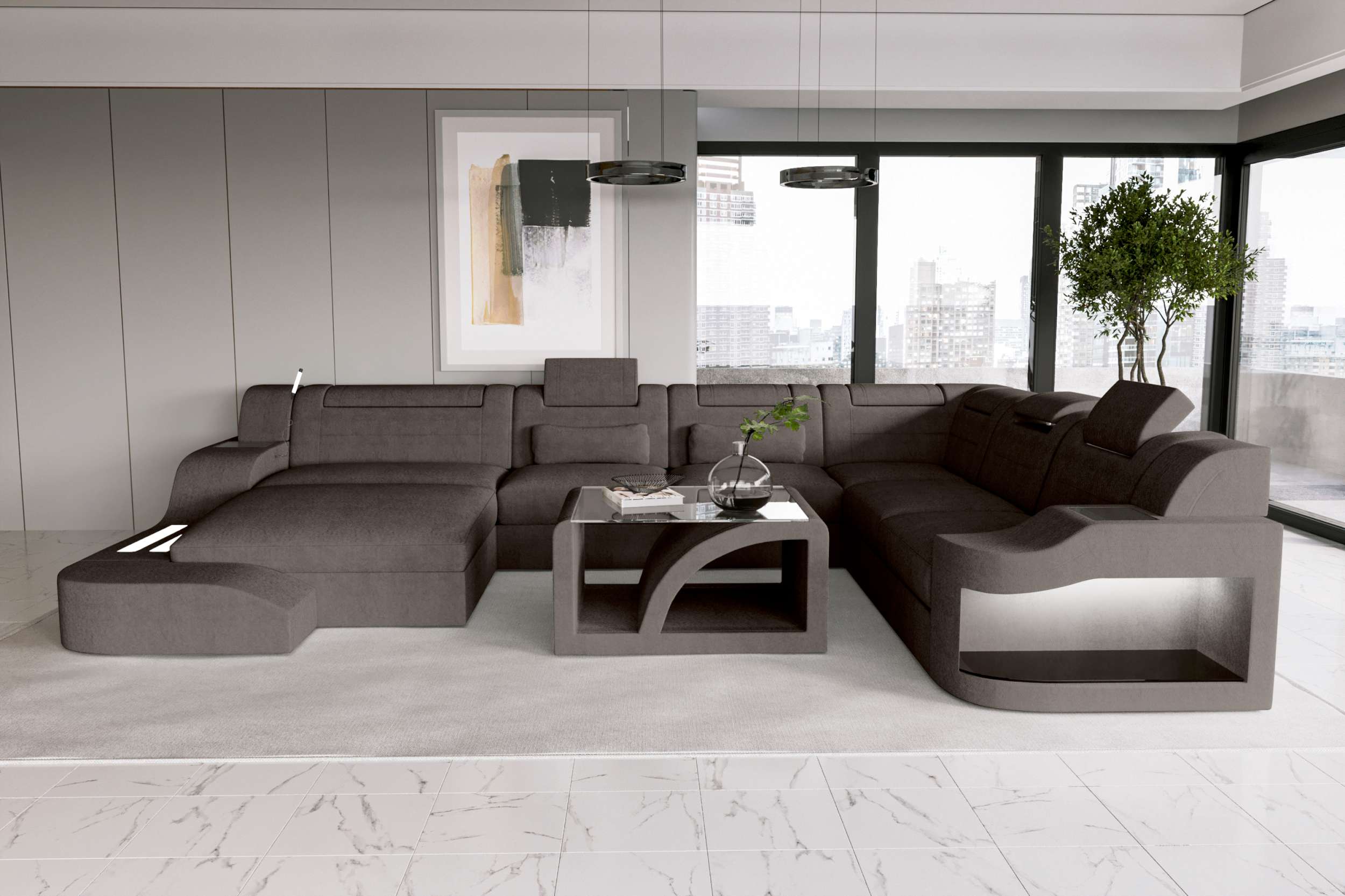 XXL Wohnlandschaft Palermo Stoffsofa Hellbraun