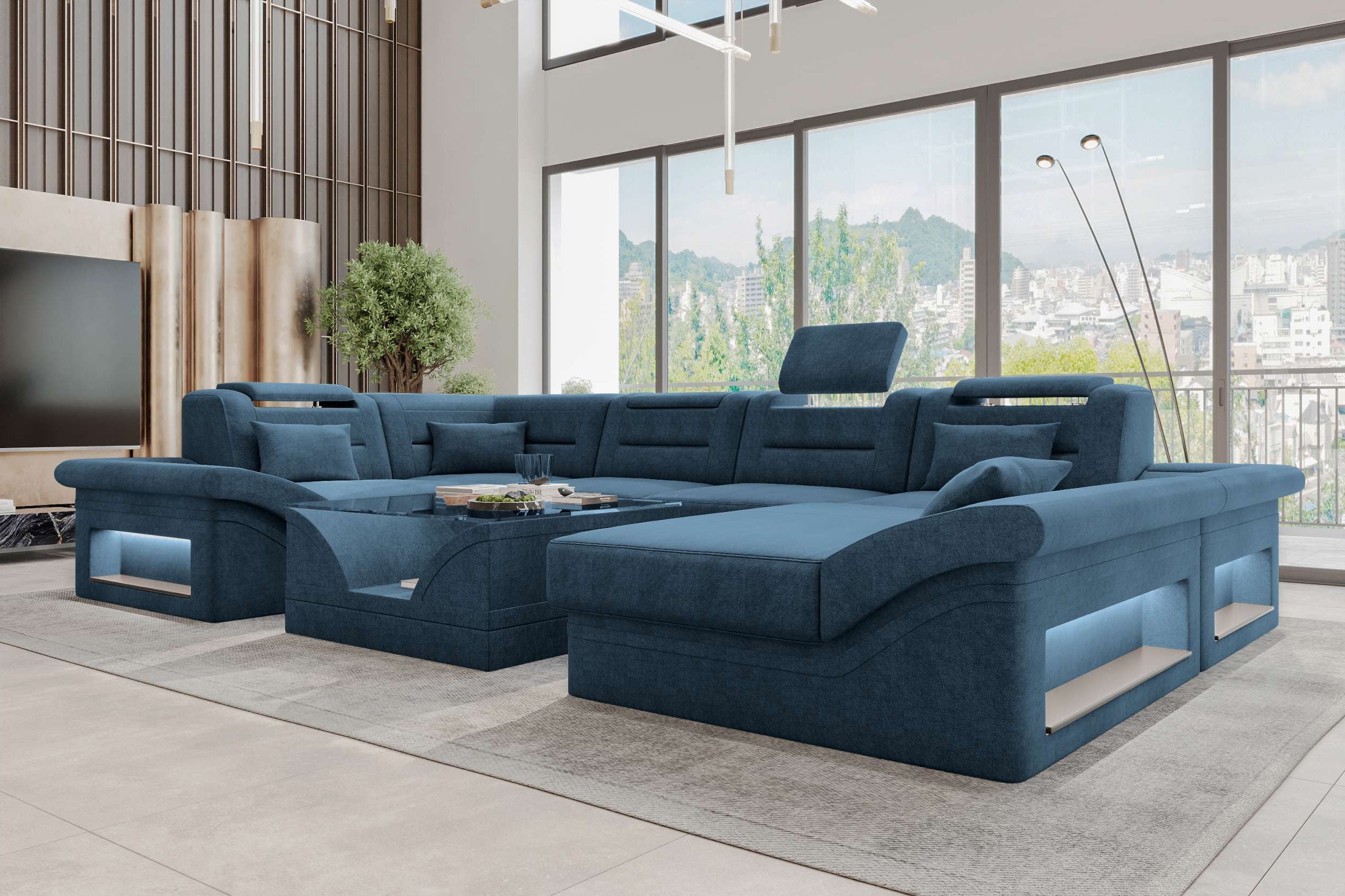 Wohnlandschaft Enzo U Form Stoffsofa Blau