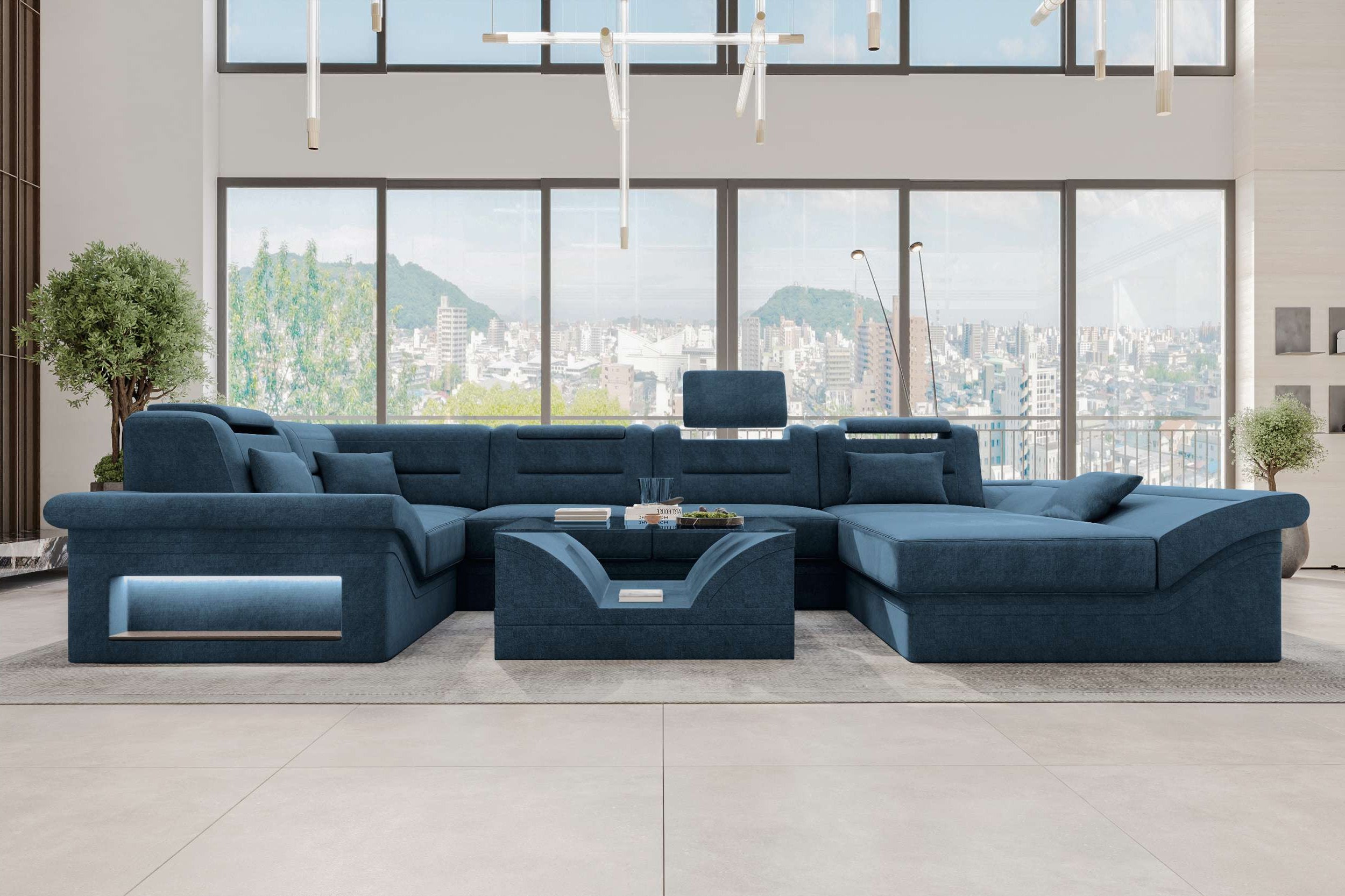 Wohnlandschaft Enzo U Form Stoffsofa Blau
