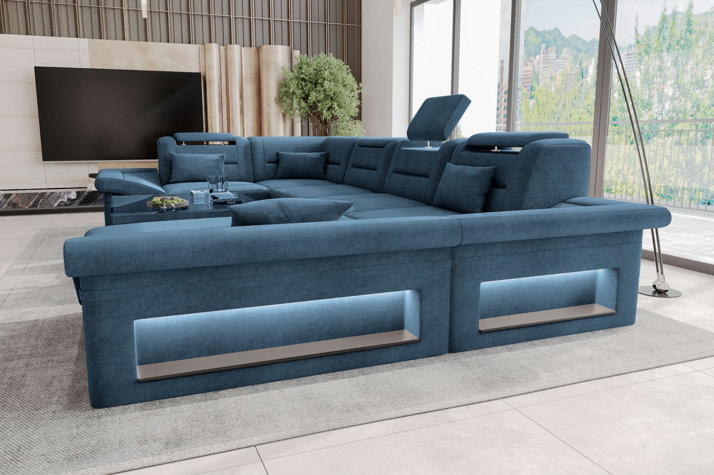 Wohnlandschaft Enzo U Form Stoffsofa Blau
