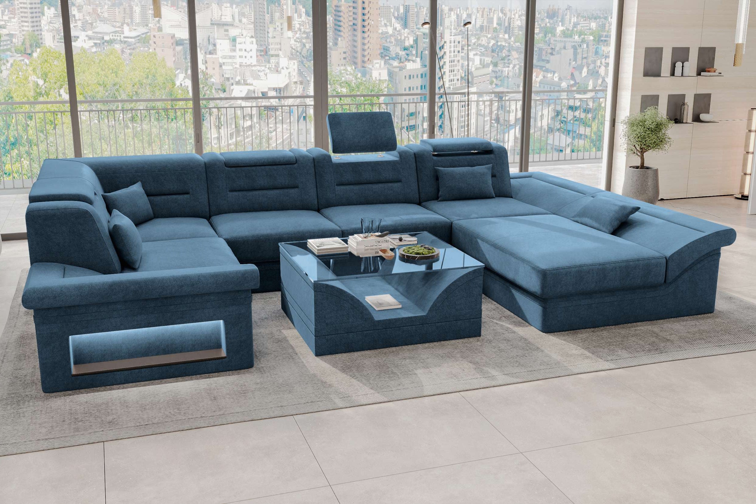 Wohnlandschaft Enzo U Form Stoffsofa Blau