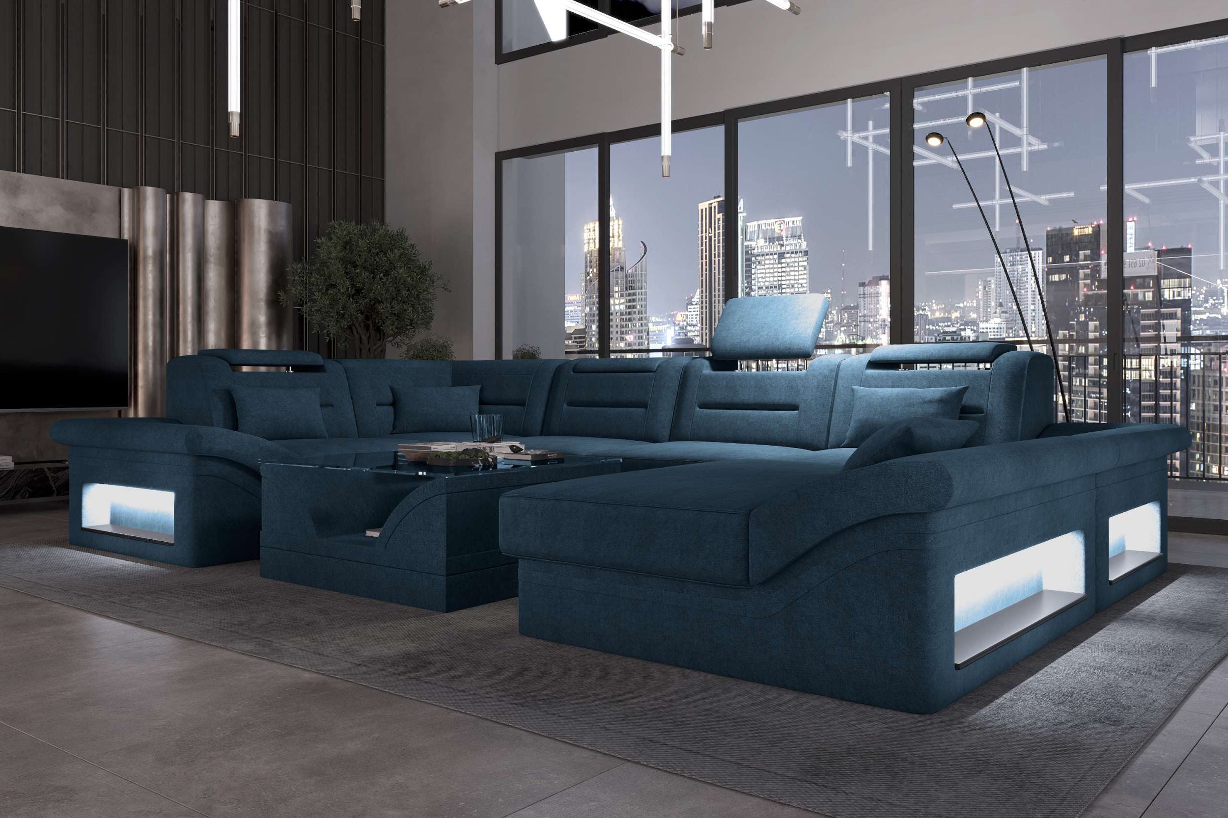 Wohnlandschaft Enzo U Form Stoffsofa Blau
