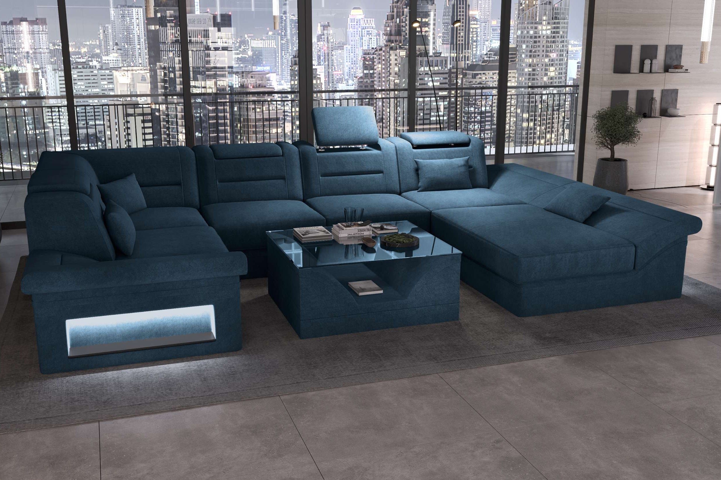 Wohnlandschaft Enzo U Form Stoffsofa Blau