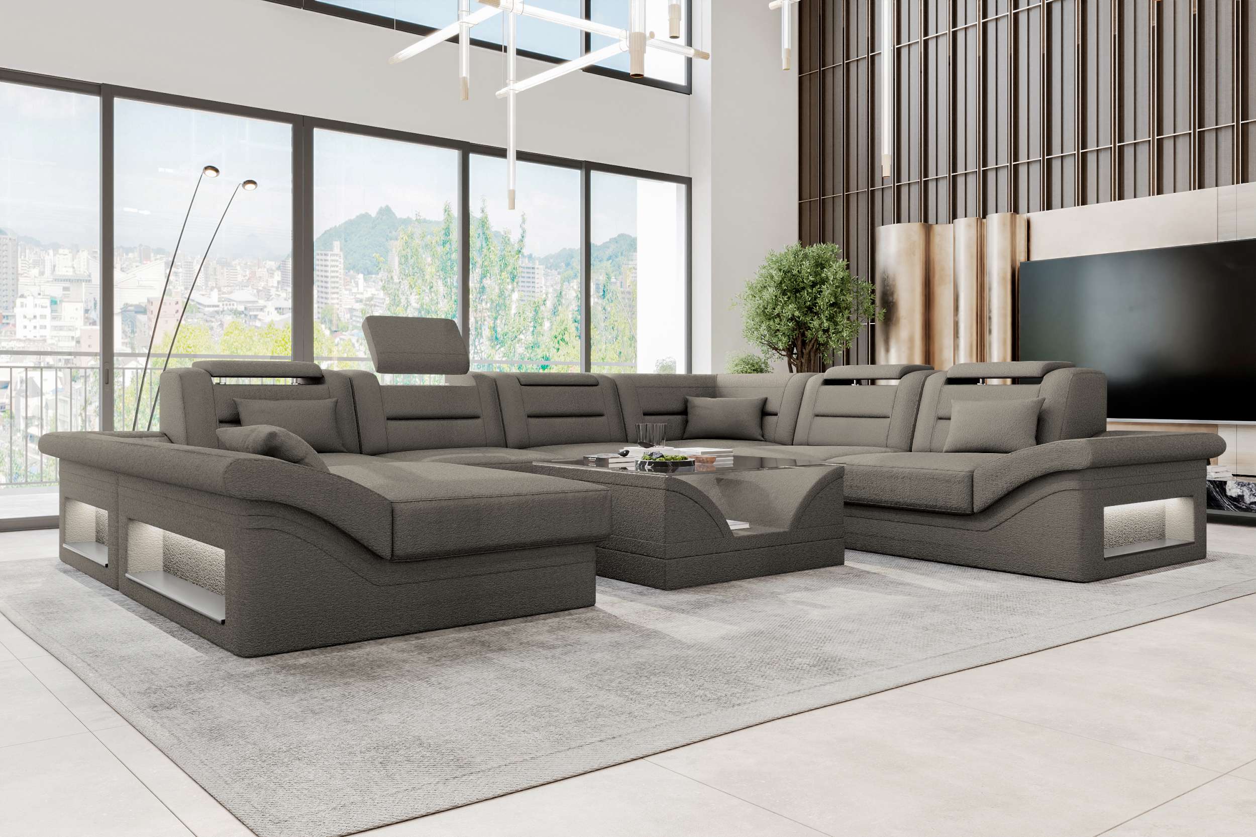 XXL Wohnlandschaft Enzo Stoffsofa Hellbraun