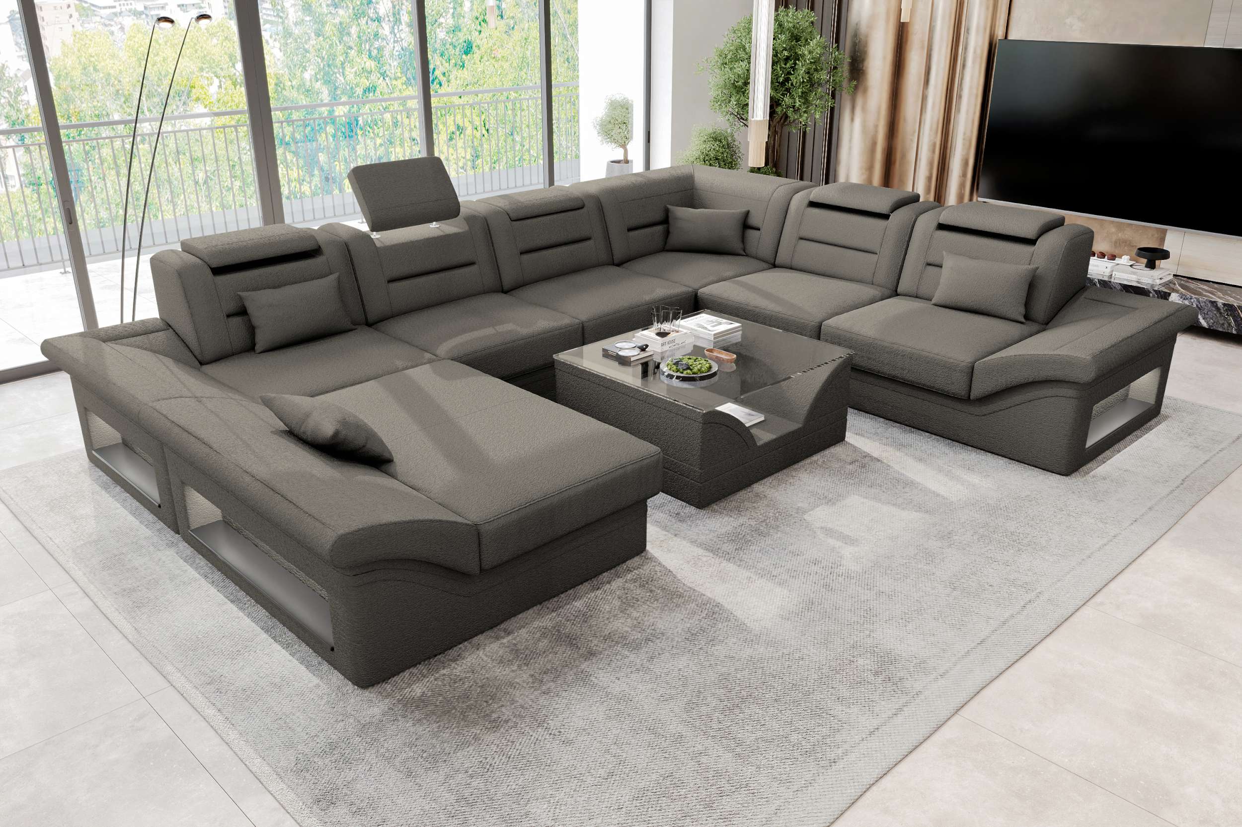 XXL Wohnlandschaft Enzo Stoffsofa Hellbraun