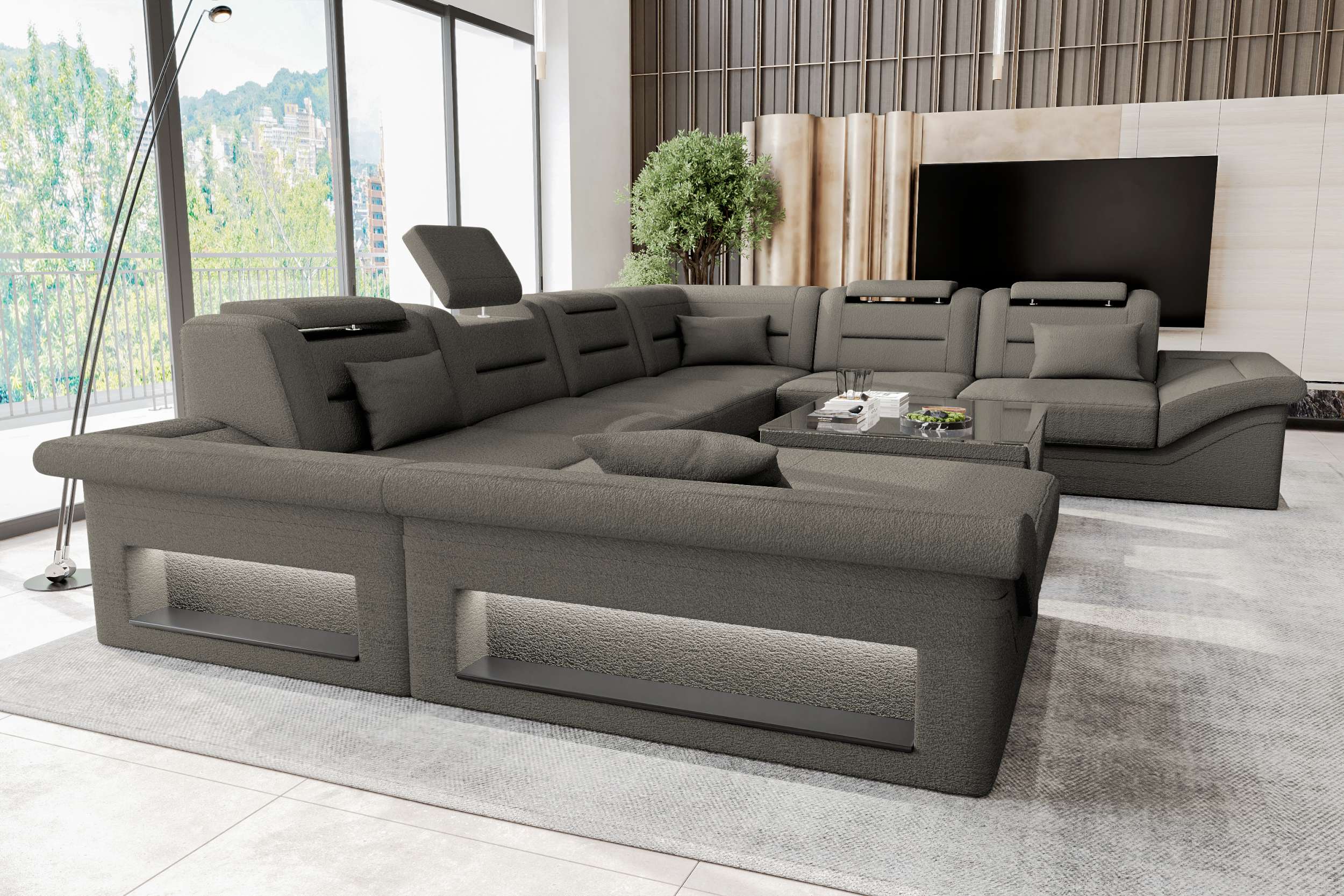 XXL Wohnlandschaft Enzo Stoffsofa Hellbraun