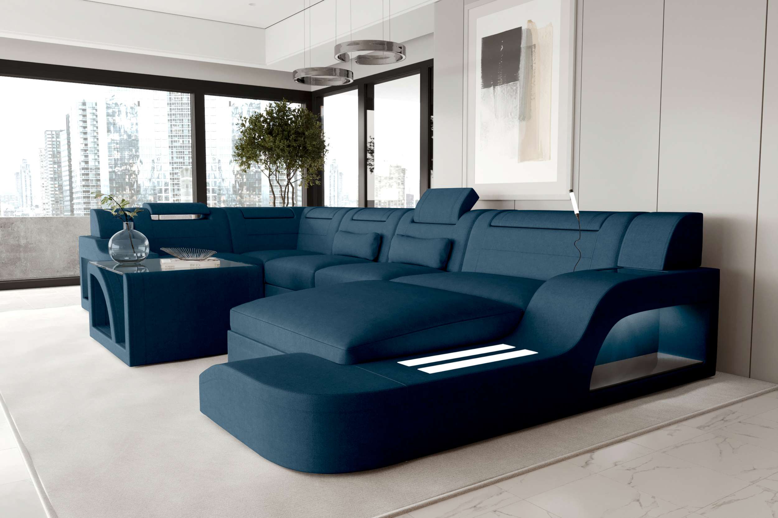 Wohnlandschaft Palermo U Form Stoffsofa Blau
