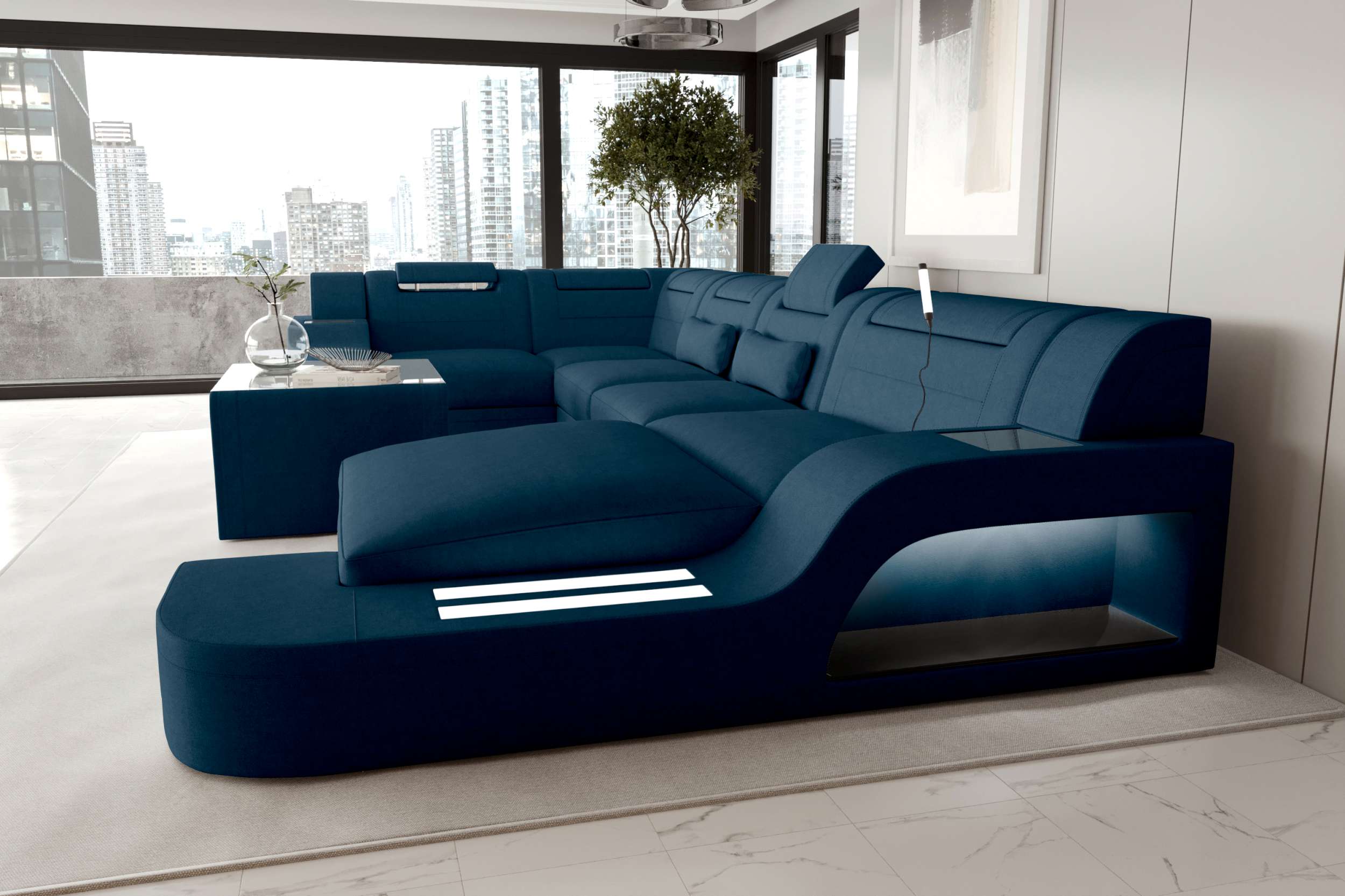 Wohnlandschaft Palermo U Form Stoffsofa Blau