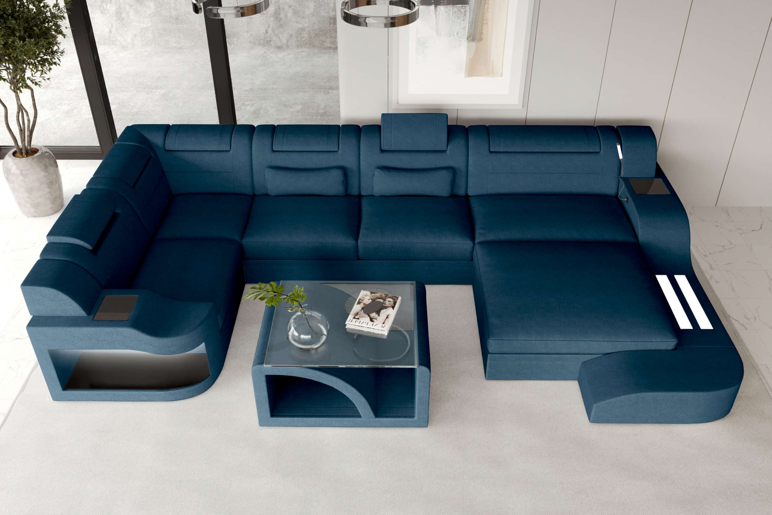 Wohnlandschaft Palermo U Form Stoffsofa Blau
